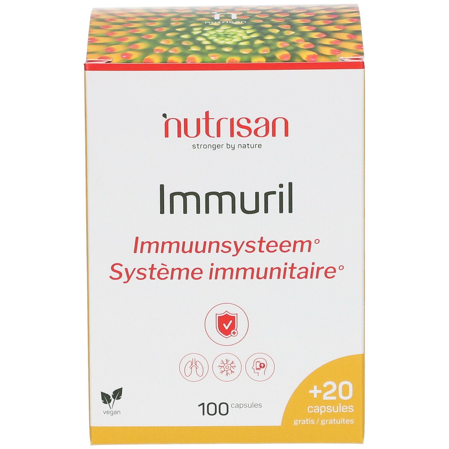 Doos Nutrisan Immuril, 100 + 20 capsules. Productnaam en logo zichtbaar. Tekst in het Nederlands en Frans.