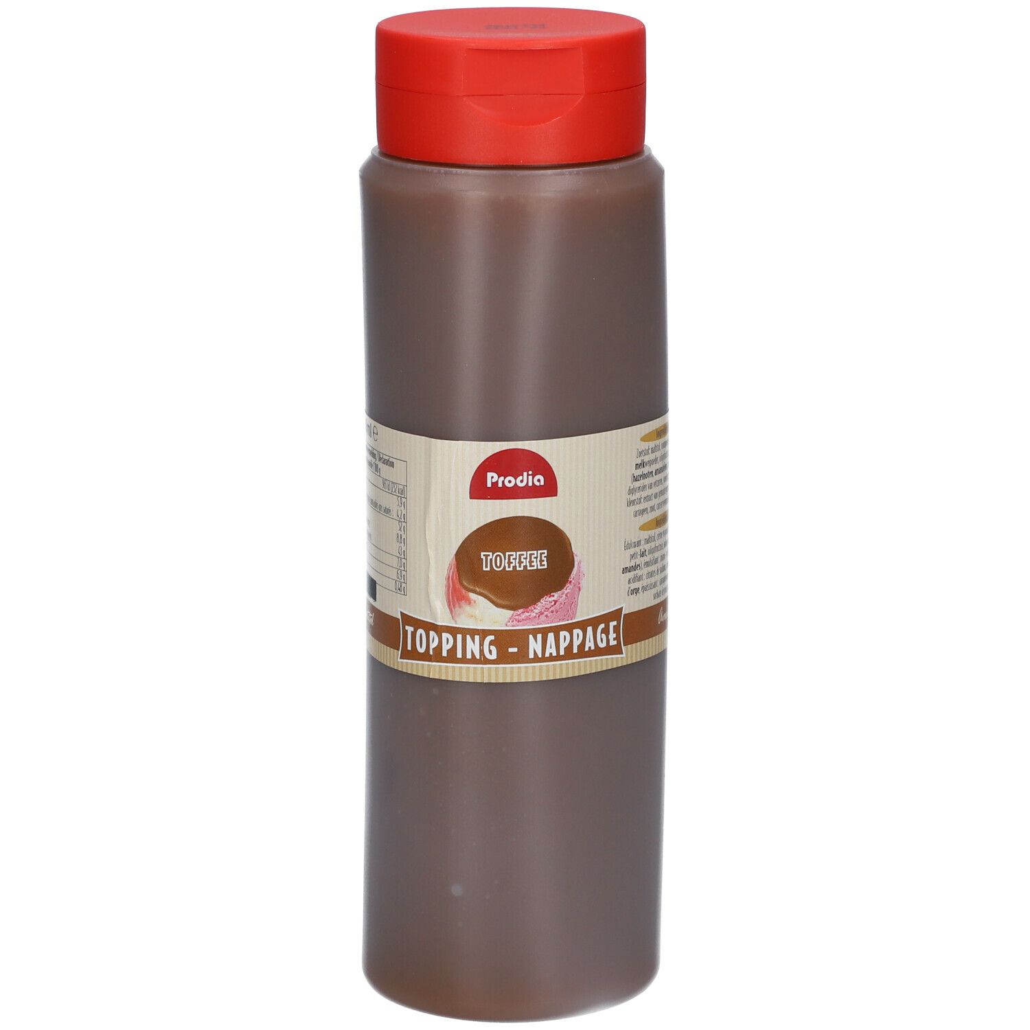 Bruine fles met rode dop. Opschrift: Prodia, Toffee, Topping - Nappage.