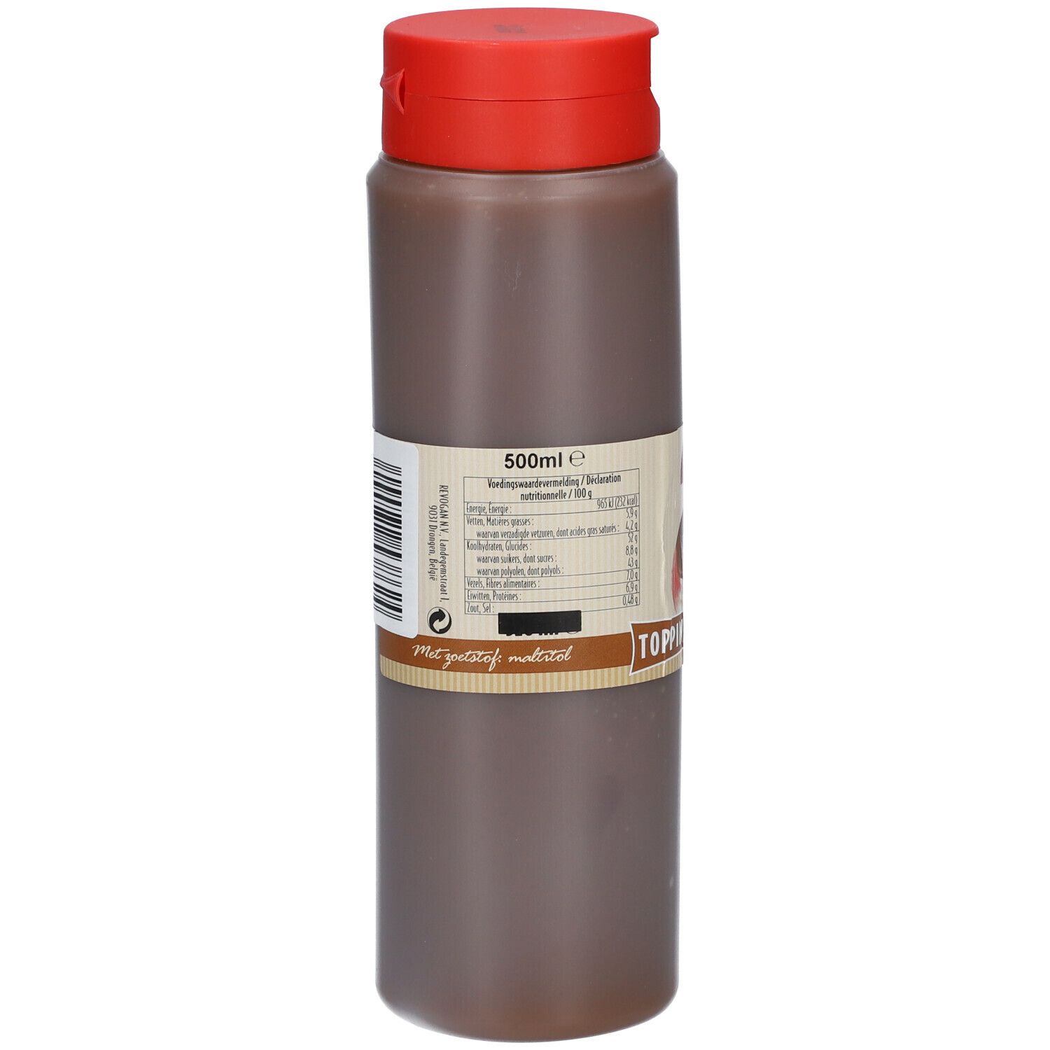 Bruine fles met rode dop. Opschrift: 500ml, voedingswaarde. Etiket met tekst.