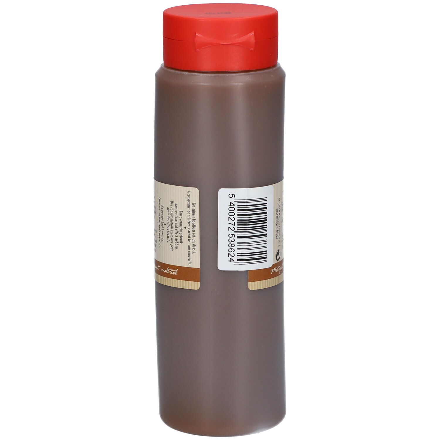 Bruine fles met rode dop. Etiket met tekst en barcode.