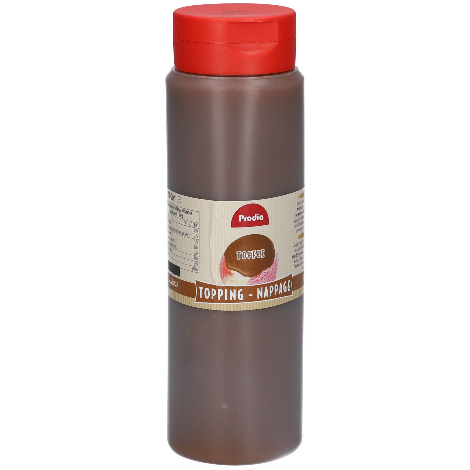 Bruine fles met rode dop. Opschrift: Prodia, Toffee, Topping - Nappage.