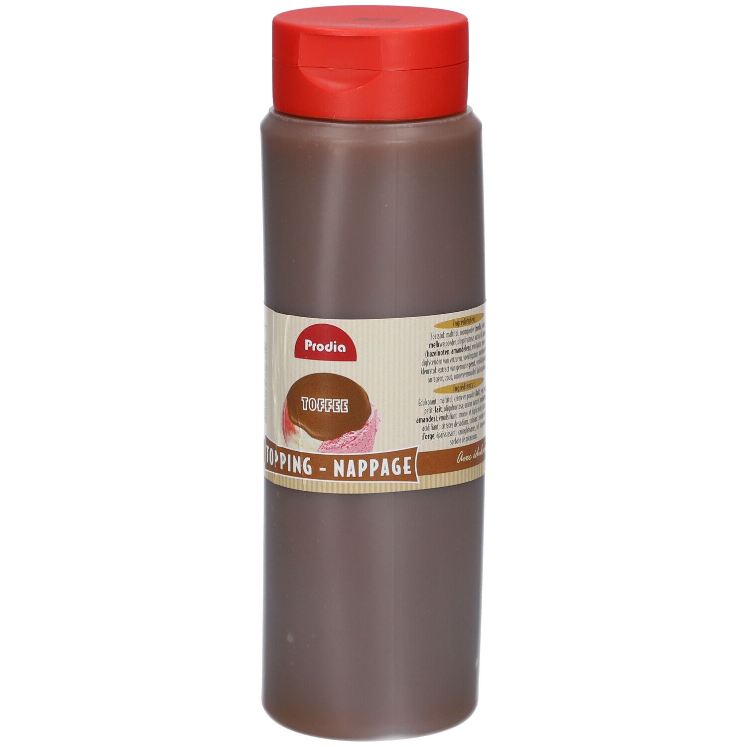 Bruine fles met rode dop. Opschrift: Prodia, Toffee, Topping - Nappage. Etiket met tekst.