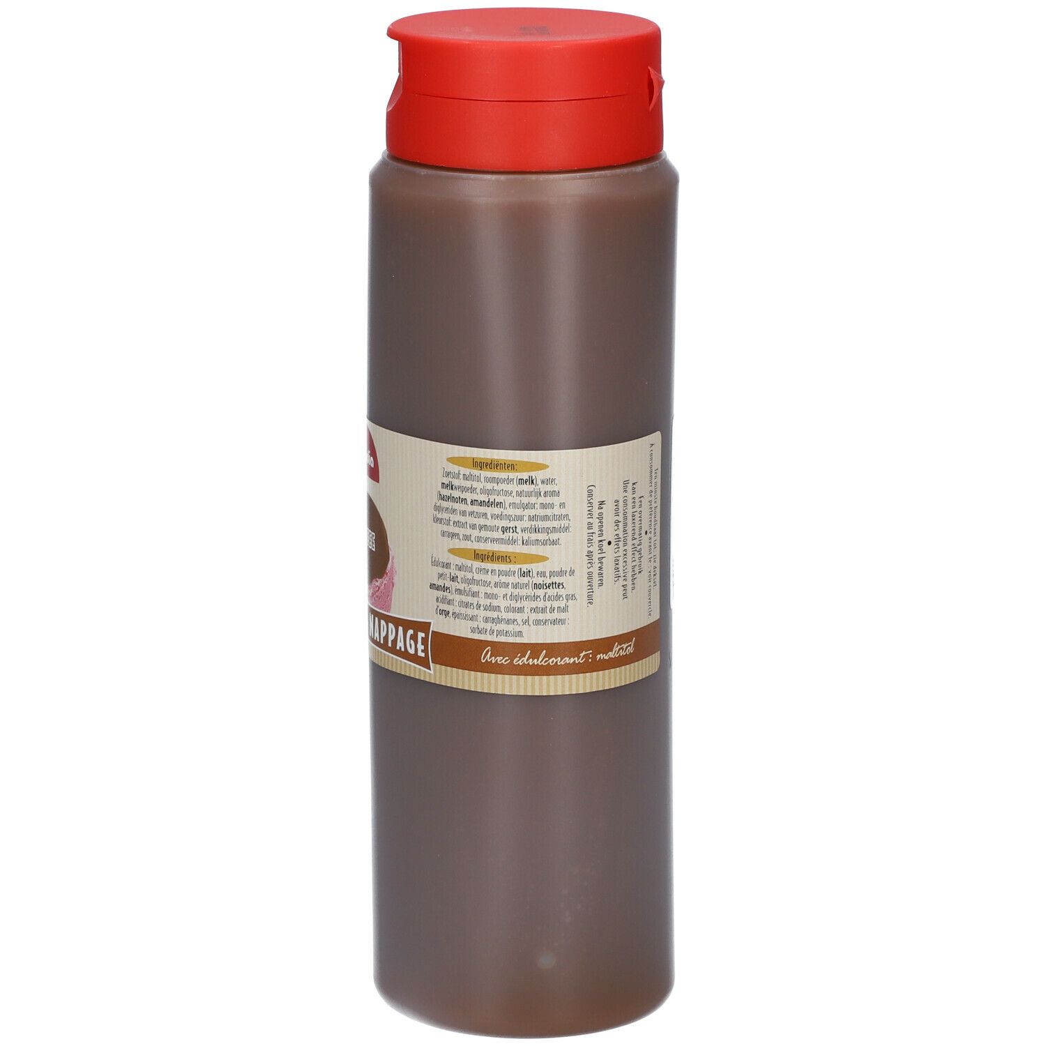 Bruine fles met rode dop. Etiket met tekst. Opschrift: Topping - Nappage.
