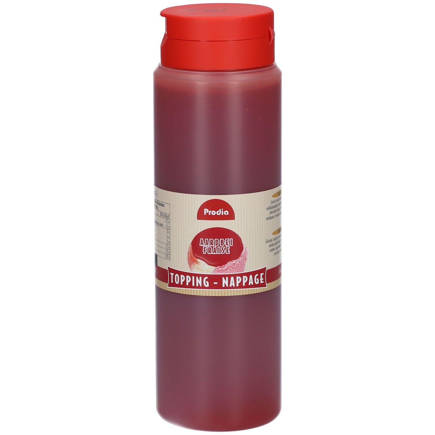 Rode fles met rode dop. Opschrift: Prodia, aardbei topping. Etiket met productinformatie.