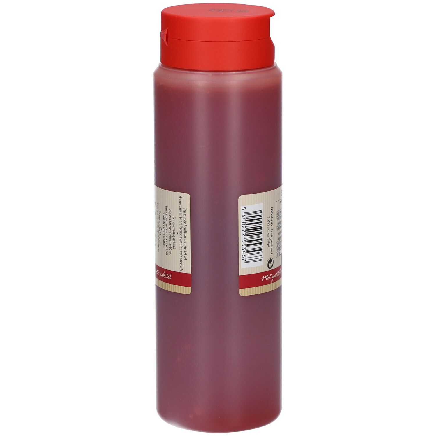 Rode fles met rode dop. Etiket met productinformatie en barcode. Achteraanzicht.