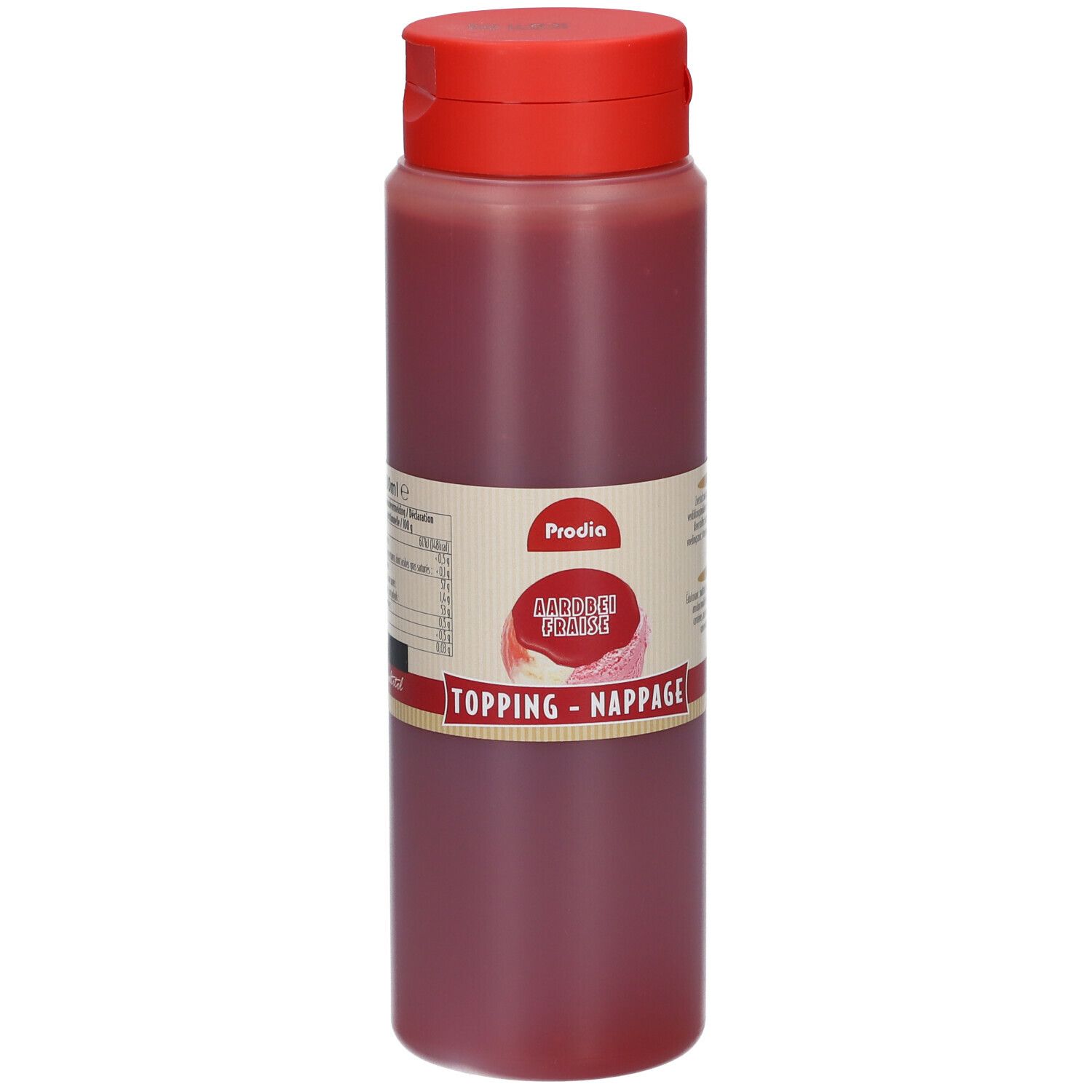 Rode fles met rode dop. Opschrift: Prodia, aardbei topping. Etiket met productinformatie.