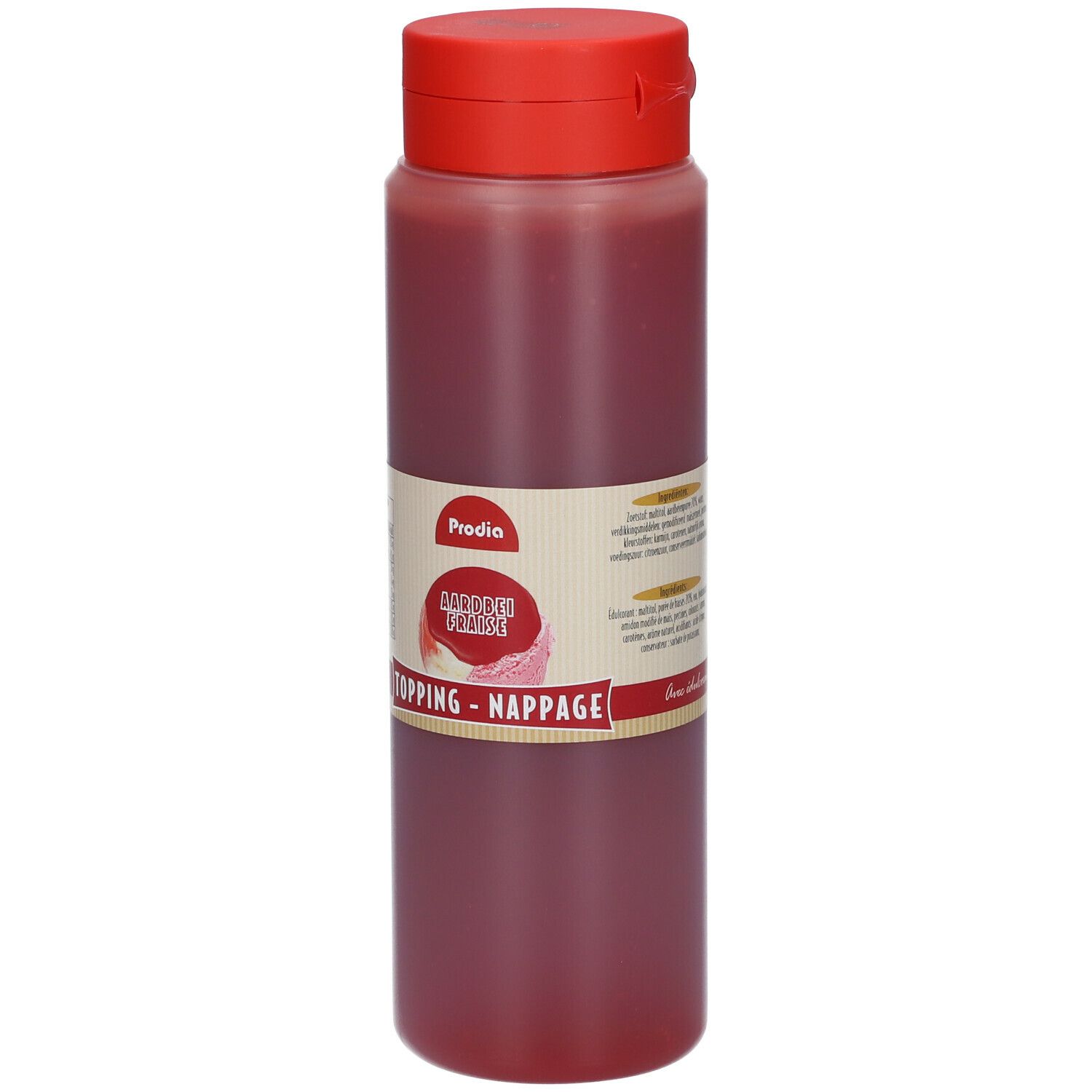 Rode fles met rode dop. Opschrift: Prodia, aardbei topping. Etiket met productinformatie.