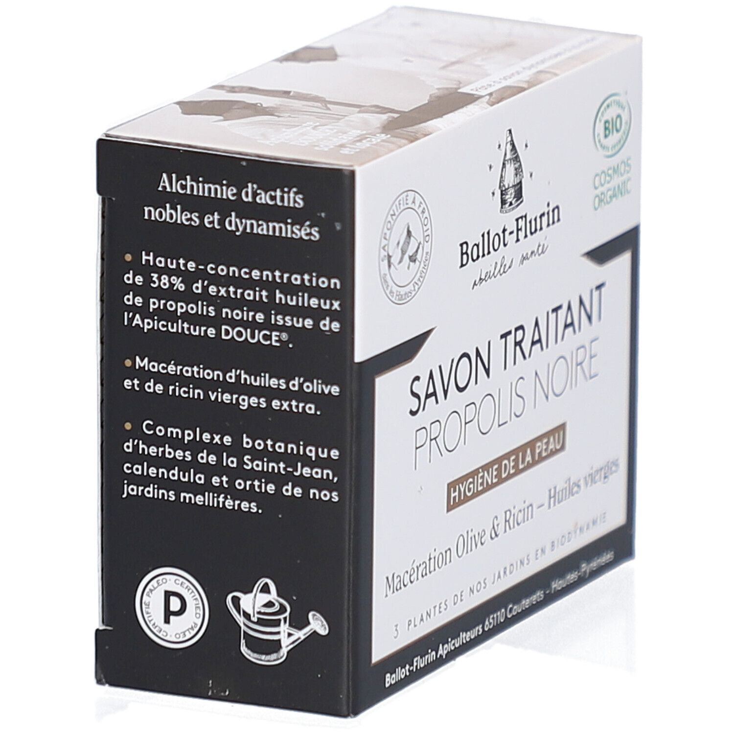 Kartonverpackung mit Produktnamen und Logo. Enthält Savon Traitant Propolis Noire, Bio-Zertifizierung und Text.