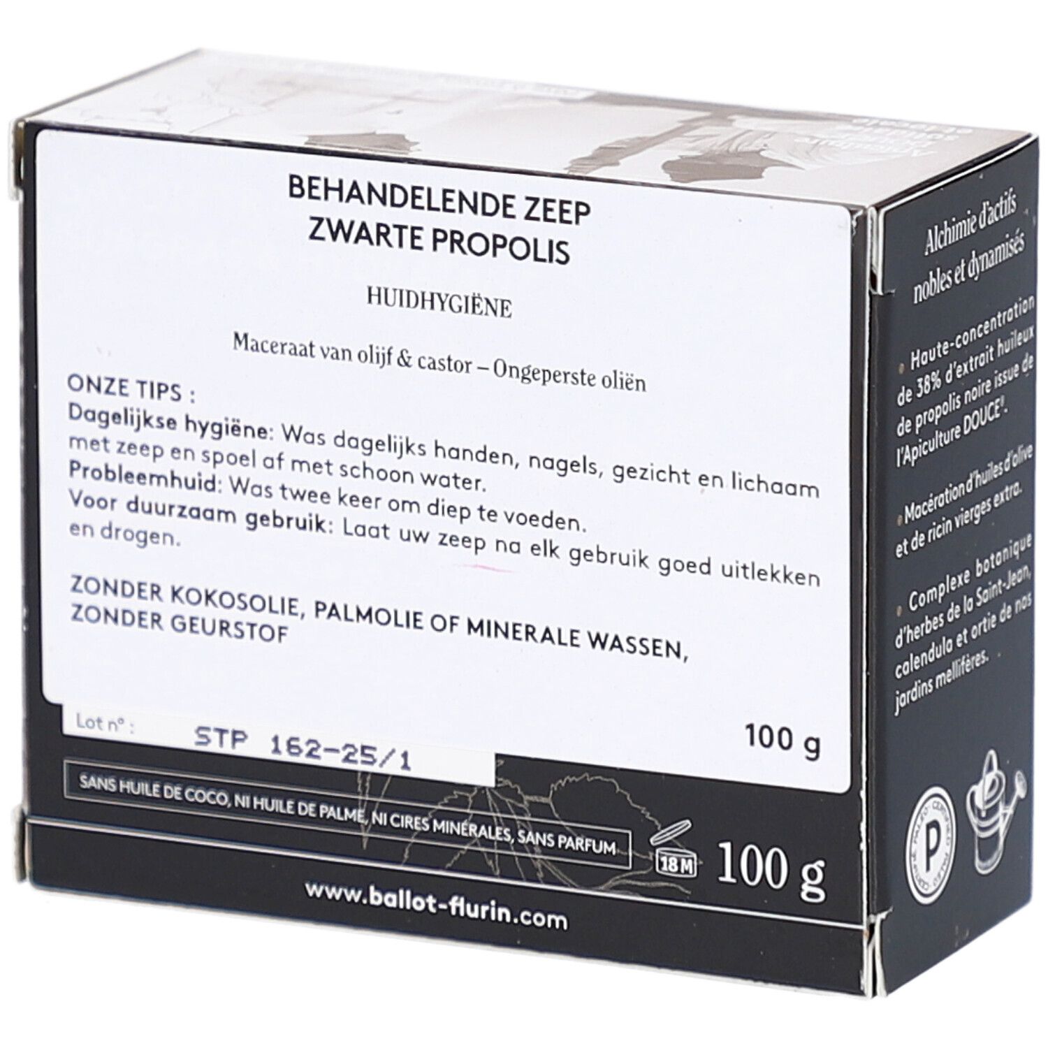 Rückseite der Verpackung mit Produktinformationen und Text. Enthält Text in Niederländisch und das Gewicht.