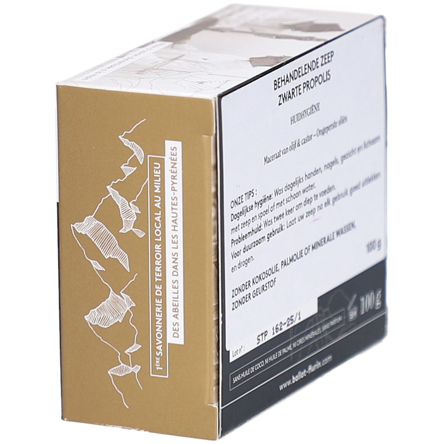 Seitenansicht der Verpackung mit Text und Logo. Enthält Text in Niederländisch und eine Bergillustration.
