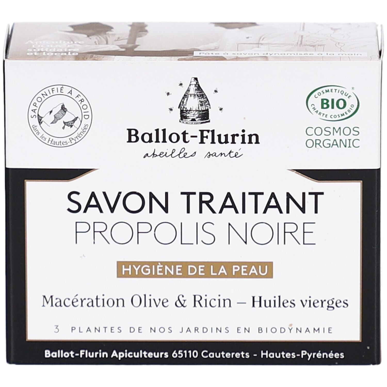 Kartonverpackung mit Produktnamen und Logo. Enthält Savon Traitant Propolis Noire, Bio-Zertifizierung und Text.