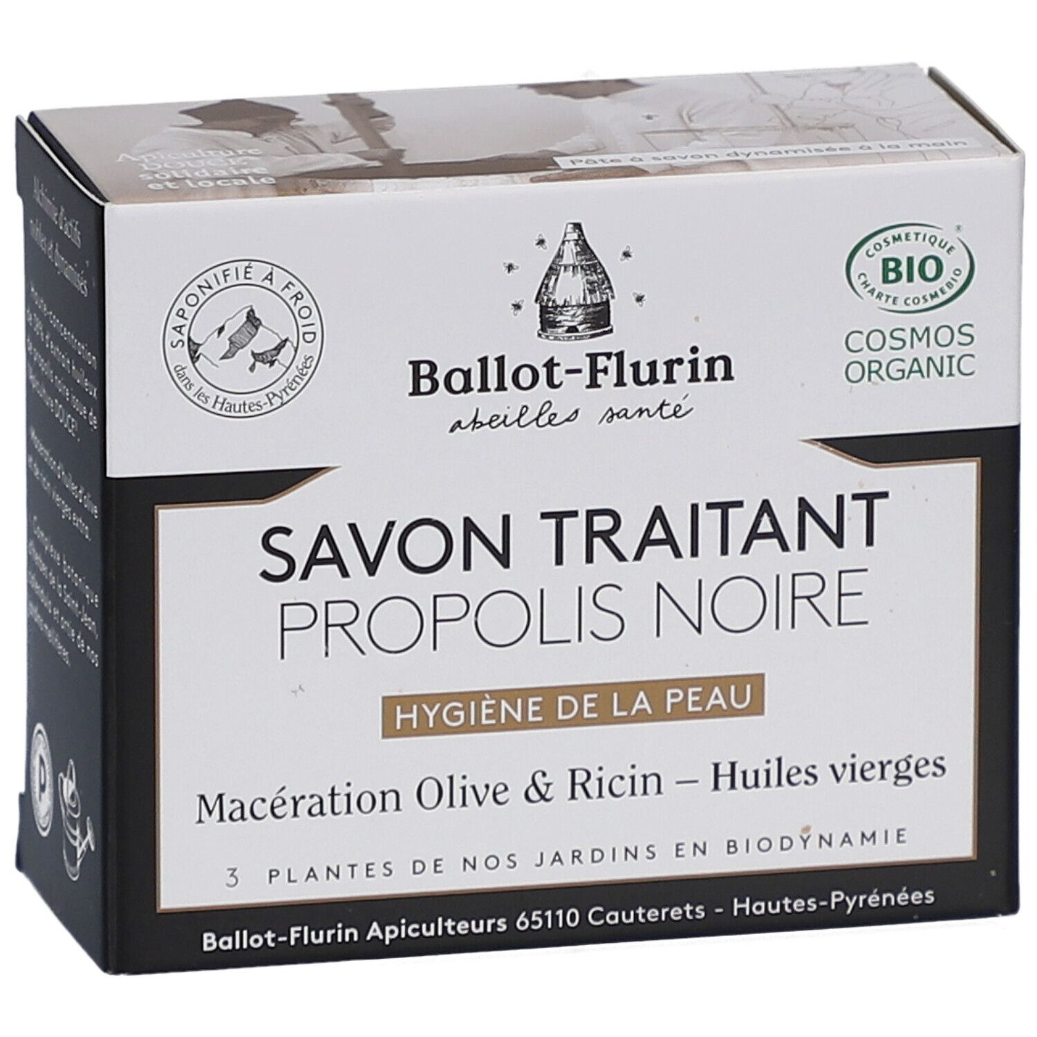 Kartonverpackung mit Produktnamen und Logo. Enthält Savon Traitant Propolis Noire, Bio-Zertifizierung und Text.