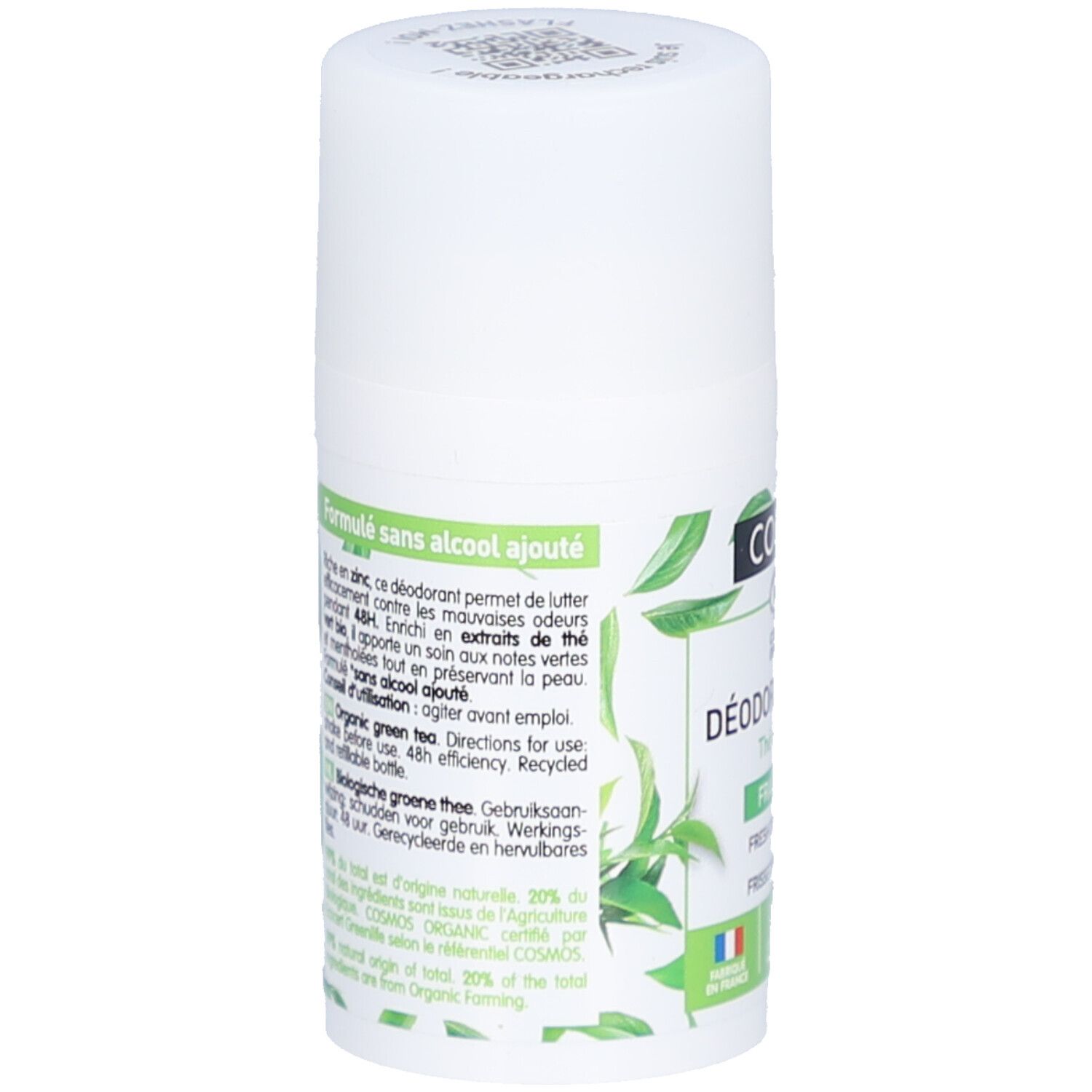 Rückseite des weißen Roll-on-Deodorants. Text: COSLYS, Déodorant soin fraîcheur thé vert bio, Formulé sans alcool ajouté, 99% naturel.