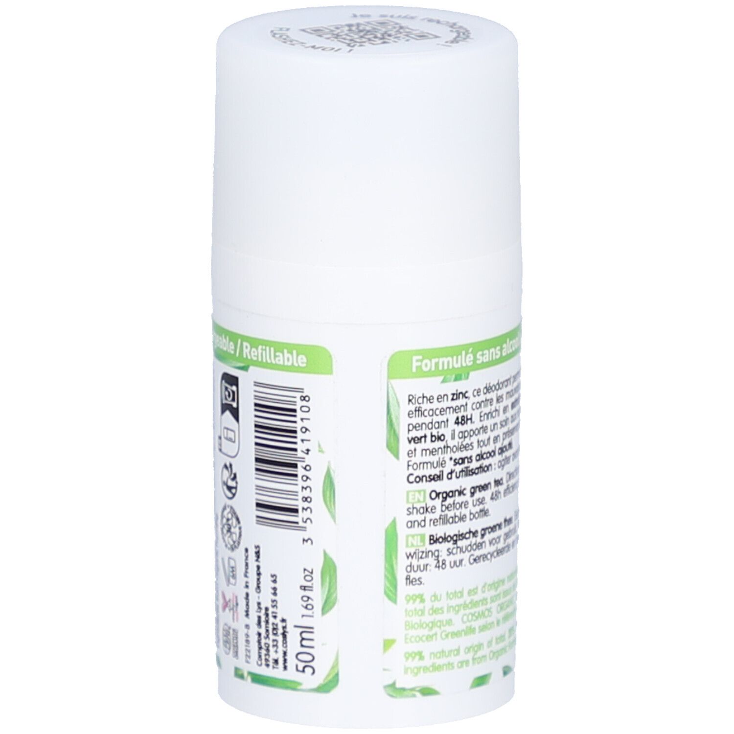 Rückseite des weißen Roll-on-Deodorants. Text: COSLYS, 50ml, 1.69 fl oz, 99% natürlich, Formulé sans alcool ajouté, Refillable.