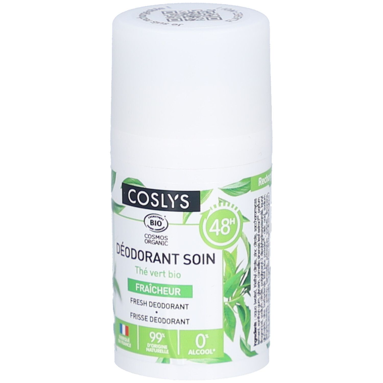 Weißer Roll-on-Deodorant mit grünen Blättern. Text: COSLYS, Déodorant soin fraîcheur thé vert bio, 48h, 99% natürlich, 0% Alkohol.
