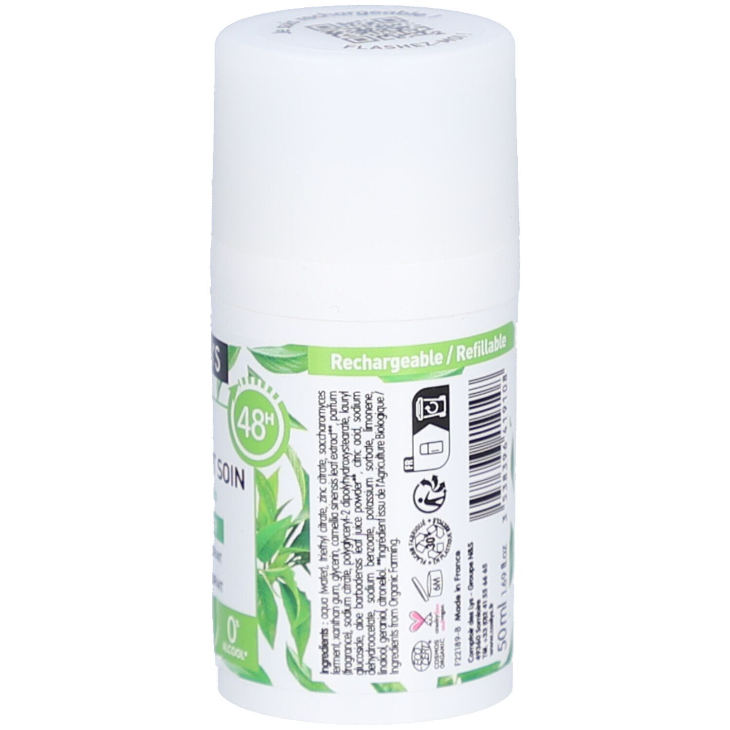 Rückseite des weißen Roll-on-Deodorants. Text: COSLYS, Déodorant soin fraîcheur thé vert bio, 48h, 0% Alkohol, Rechargeable/Refillable.