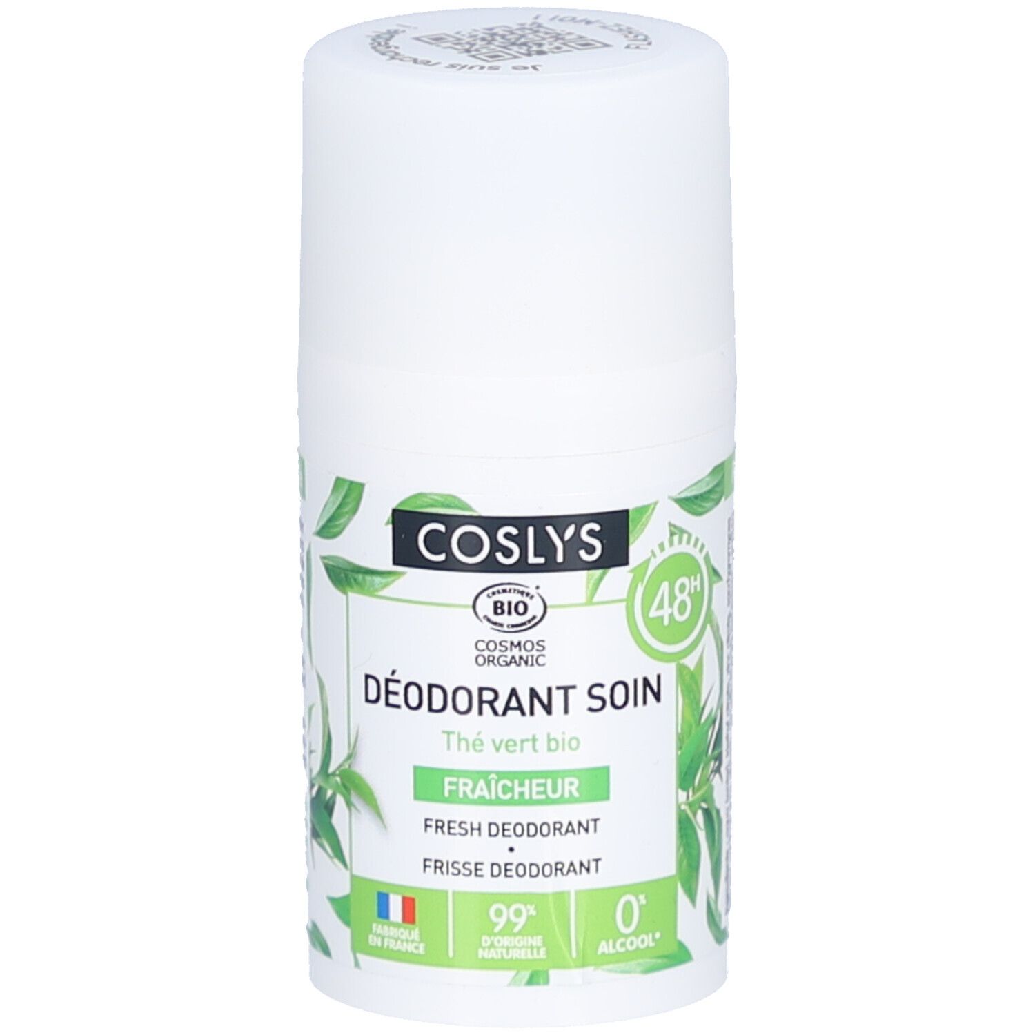 Weißer Roll-on-Deodorant mit grünen Blättern. Text: COSLYS, Déodorant soin fraîcheur thé vert bio, 48h, 99% natürlich, 0% Alkohol.