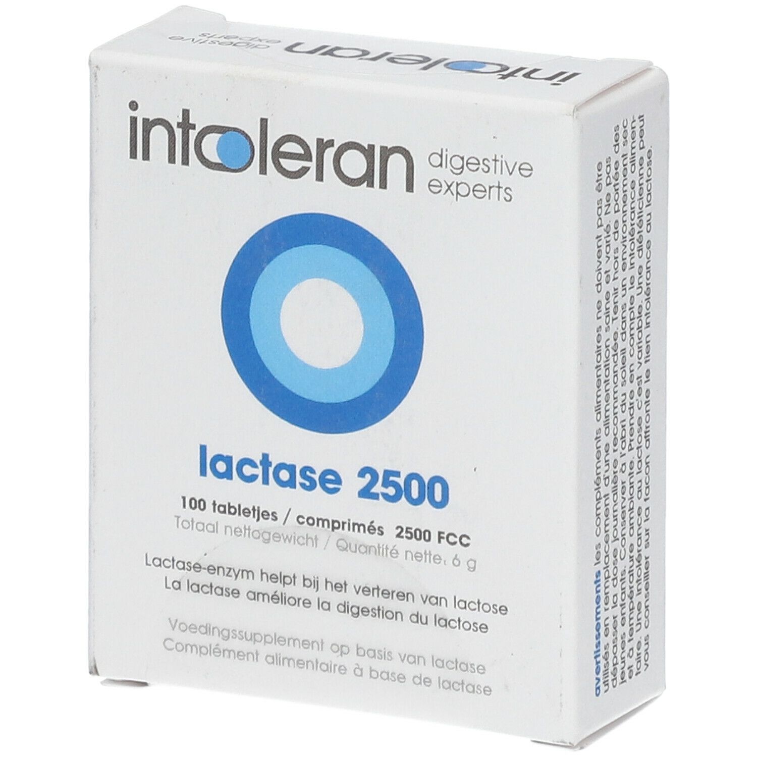 Boîte blanche avec cercle bleu. Inscription: intoleran, lactase 2500. Contient 100 comprimés. Texte en néerlandais et français.