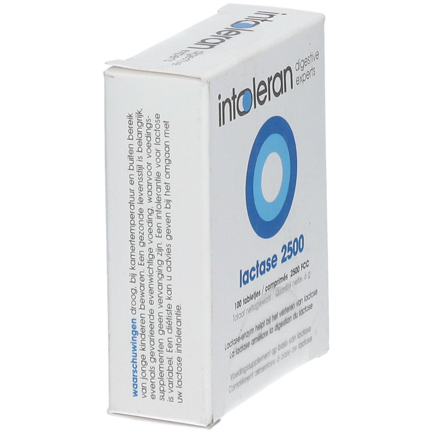 Boîte blanche inclinée. Inscription: intoleran, lactase 2500. Cercles bleus. Texte en néerlandais et français. Nom et logo du produit.