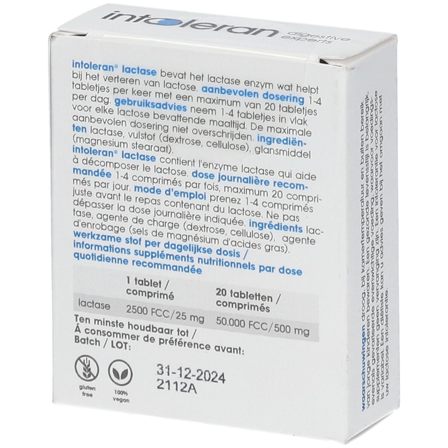 Dos de la boîte blanche. Texte en néerlandais et français. Informations sur les ingrédients et le dosage. Date de péremption.