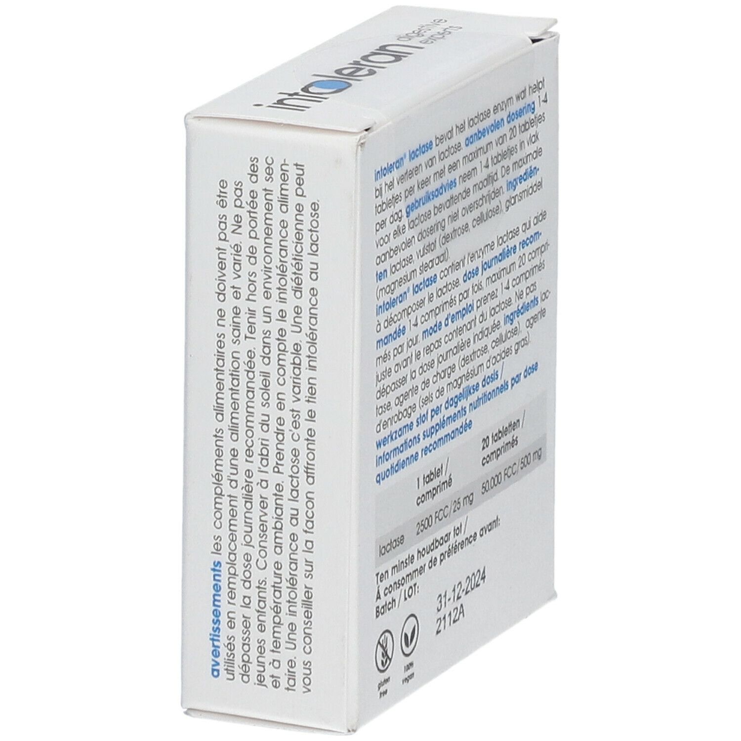 Vue latérale de la boîte blanche. Texte en néerlandais et français. Ingrédients et dosage. Date de péremption.