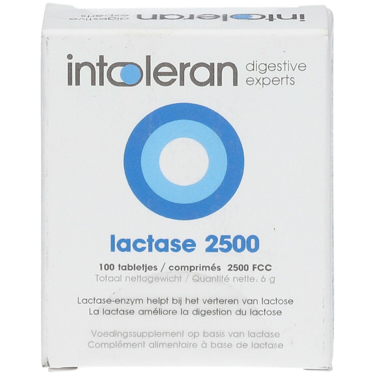 Boîte blanche avec cercle bleu. Inscription: intoleran, lactase 2500. Contient 100 comprimés. Texte en néerlandais et français.