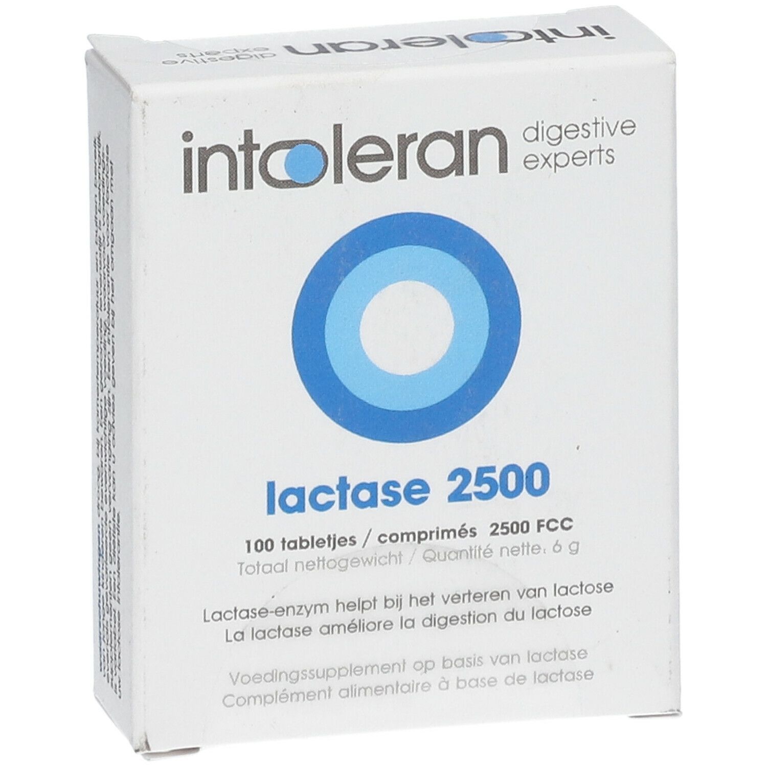 Boîte blanche avec cercle bleu. Inscription: intoleran, lactase 2500. Contient 100 comprimés. Texte en néerlandais et français.