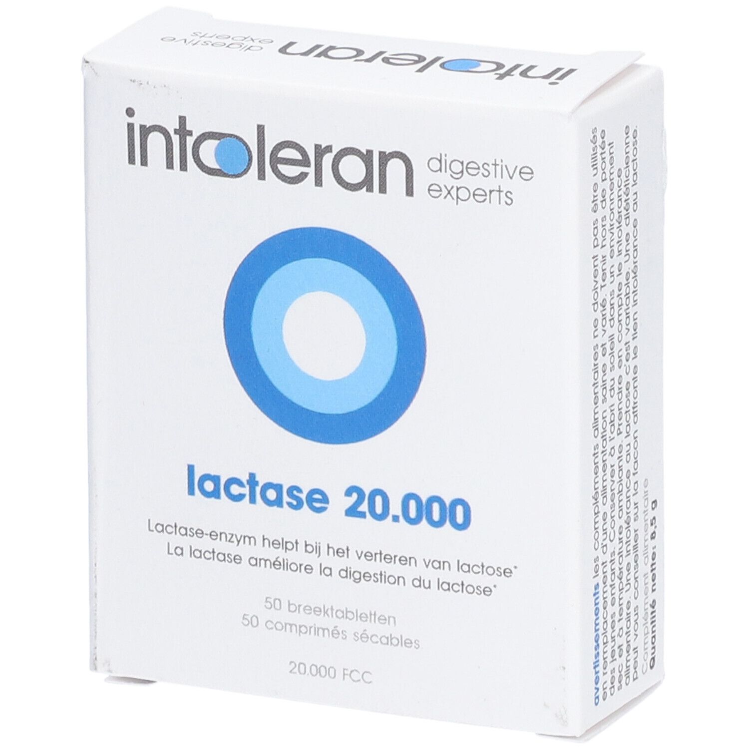 Weiße Schachtel mit blauem Kreis-Logo. Schriftzug: intoleran, digestive experts, lactase 20.000. 50 Tabletten.