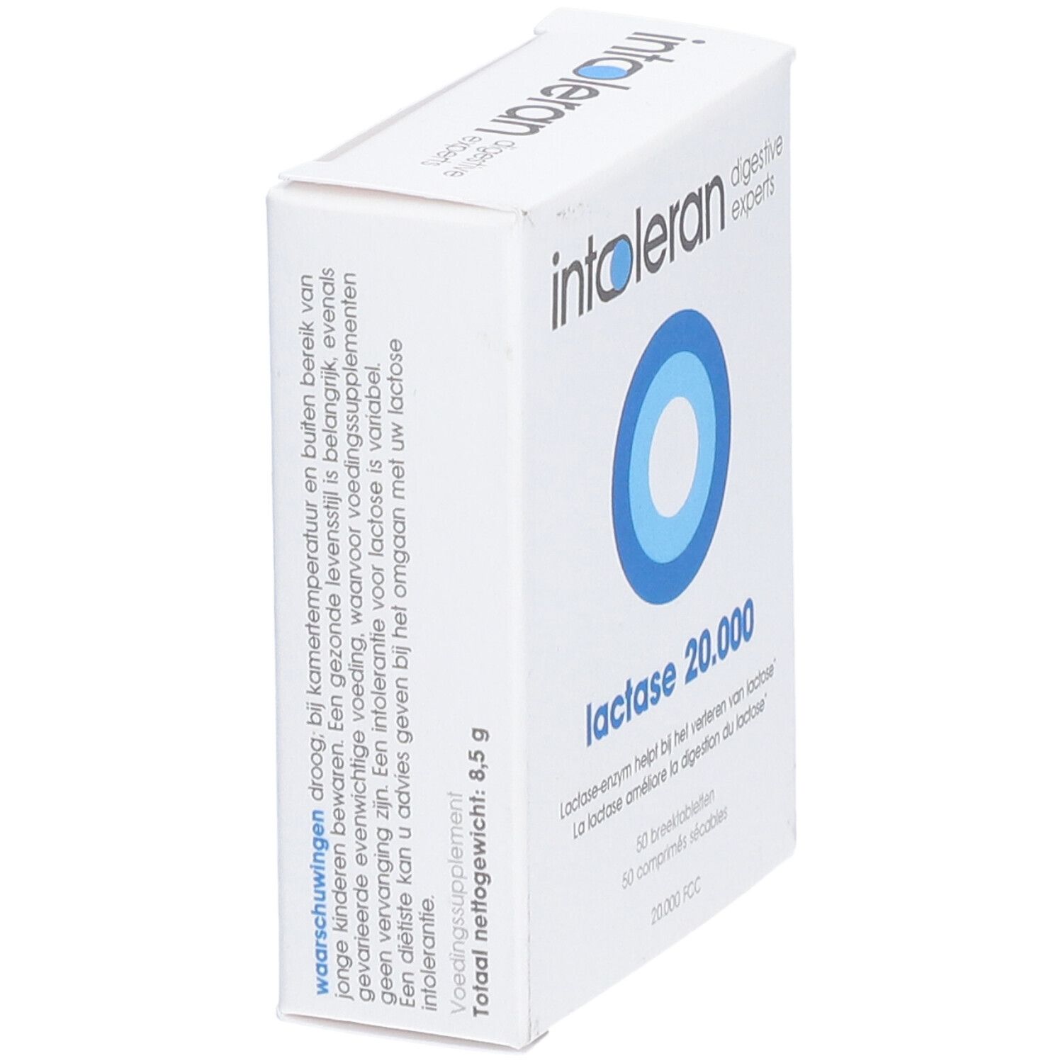 Weiße Schachtel, schräg. Logo: intoleran, digestive experts, lactase 20.000. Text auf Niederländisch. Nettogewicht: 8,5 g.