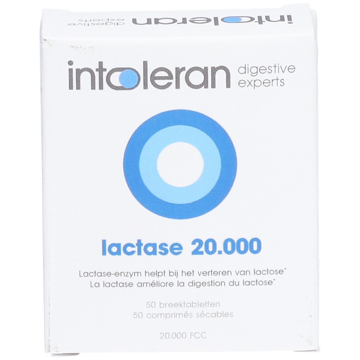 Weiße Schachtel mit blauem Kreis-Logo. Schriftzug: intoleran, digestive experts, lactase 20.000. 50 Tabletten.