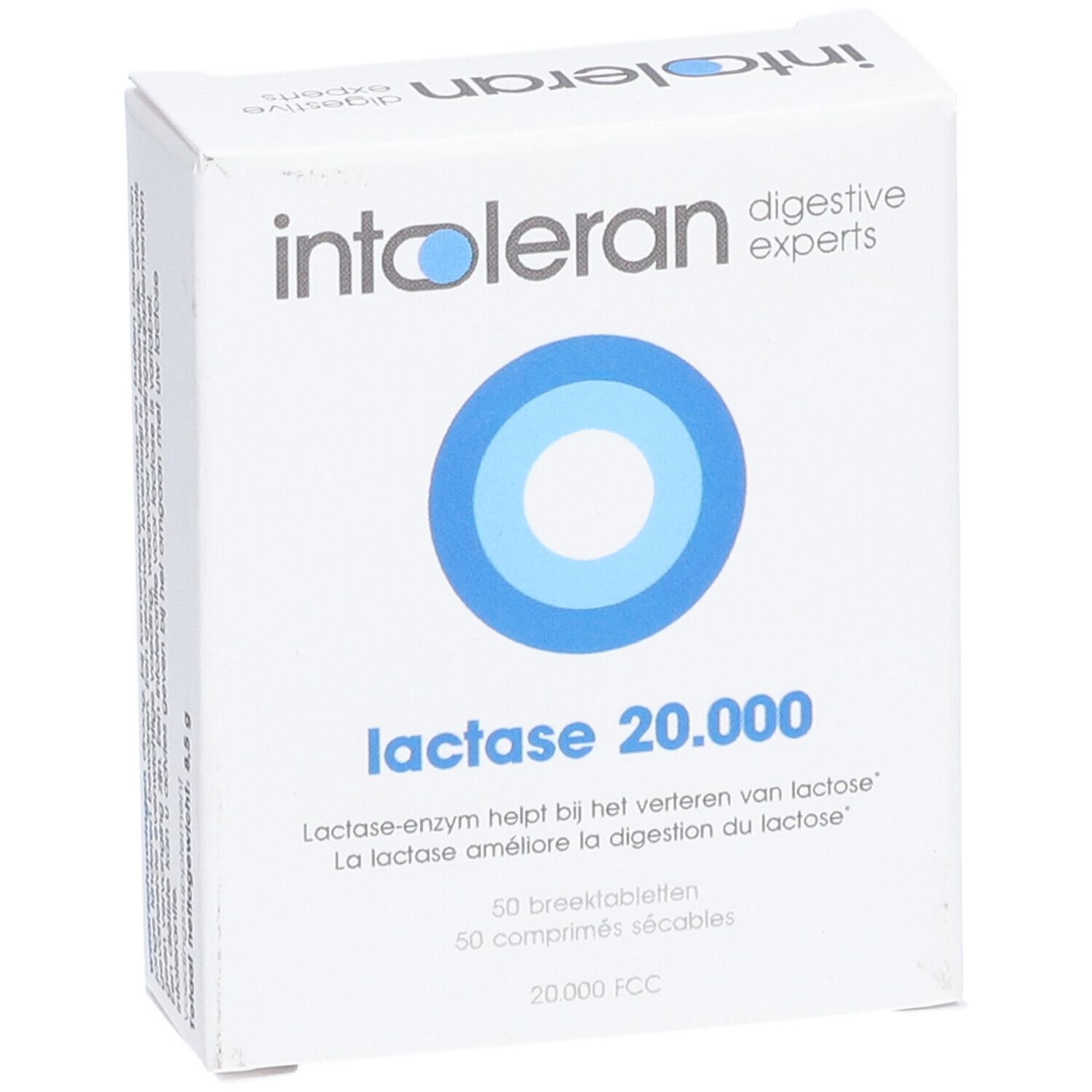 Weiße Schachtel mit blauem Kreis-Logo. Schriftzug: intoleran, digestive experts, lactase 20.000. 50 Tabletten.
