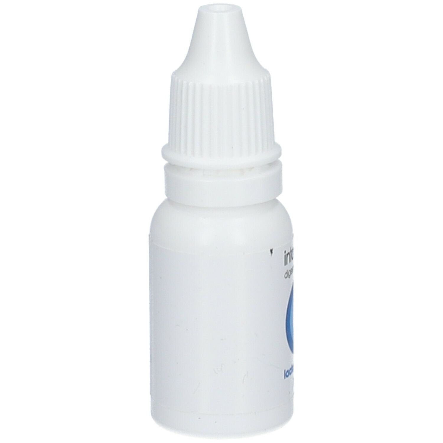 Flacon blanc avec compte-gouttes. Inscription : intoleran, digestive experts, Lactase drops, 14 ml. Design cercle bleu.