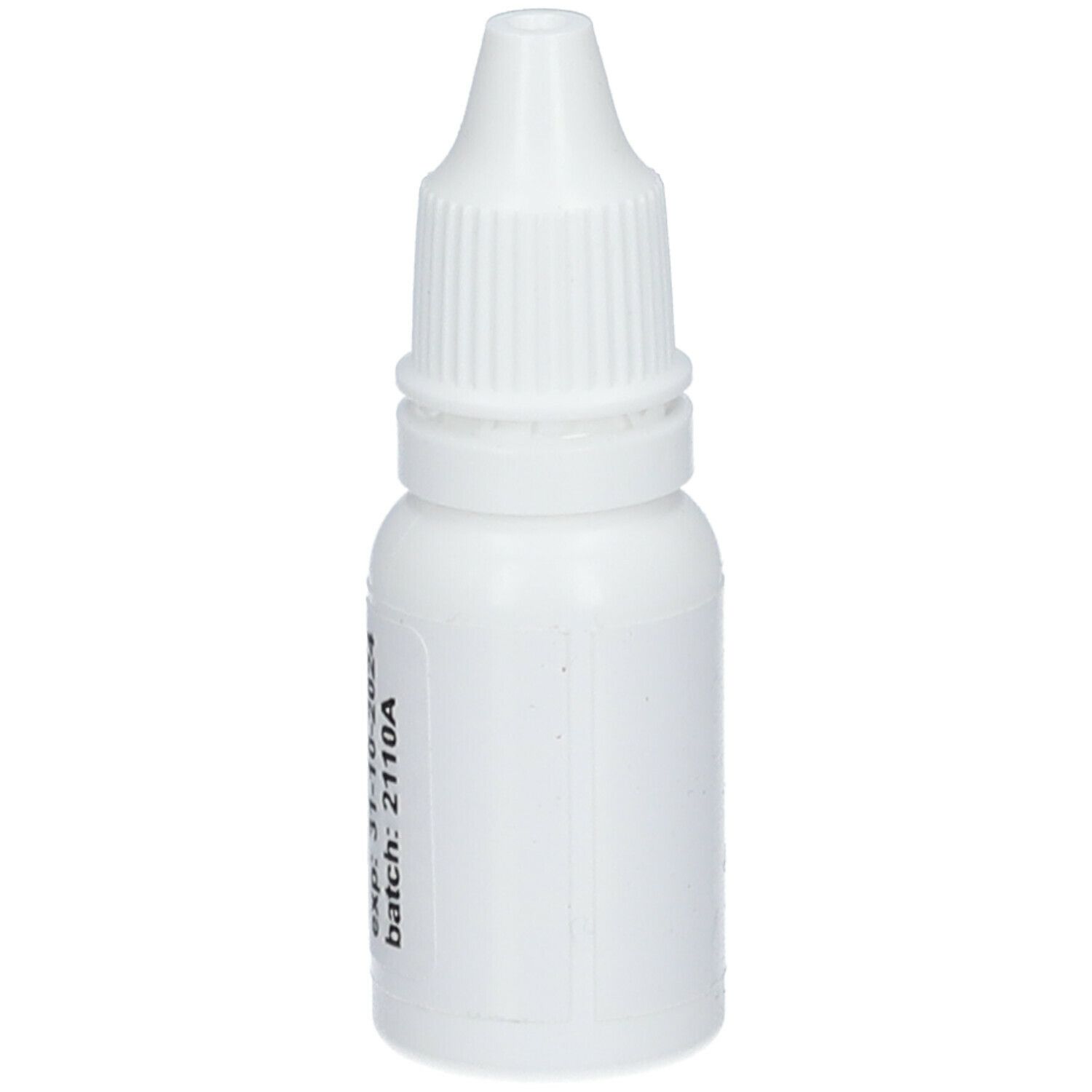 Flacon blanc avec compte-gouttes. Inscription : exp: 31-10-2024, batch: 2110A. Étiquette au dos.