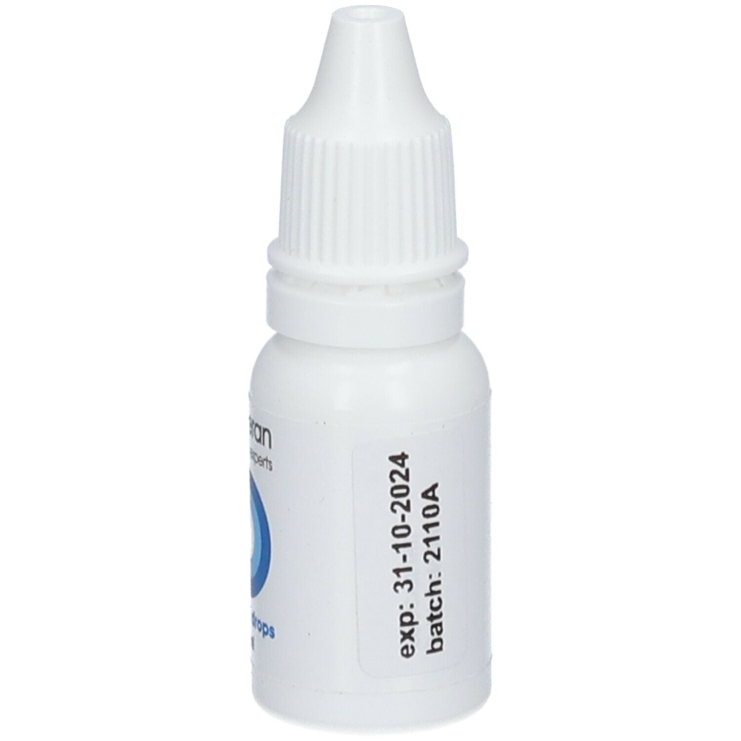 Flacon blanc avec compte-gouttes. Inscription : exp: 31-10-2024, batch: 2110A. Étiquette avec informations produit.