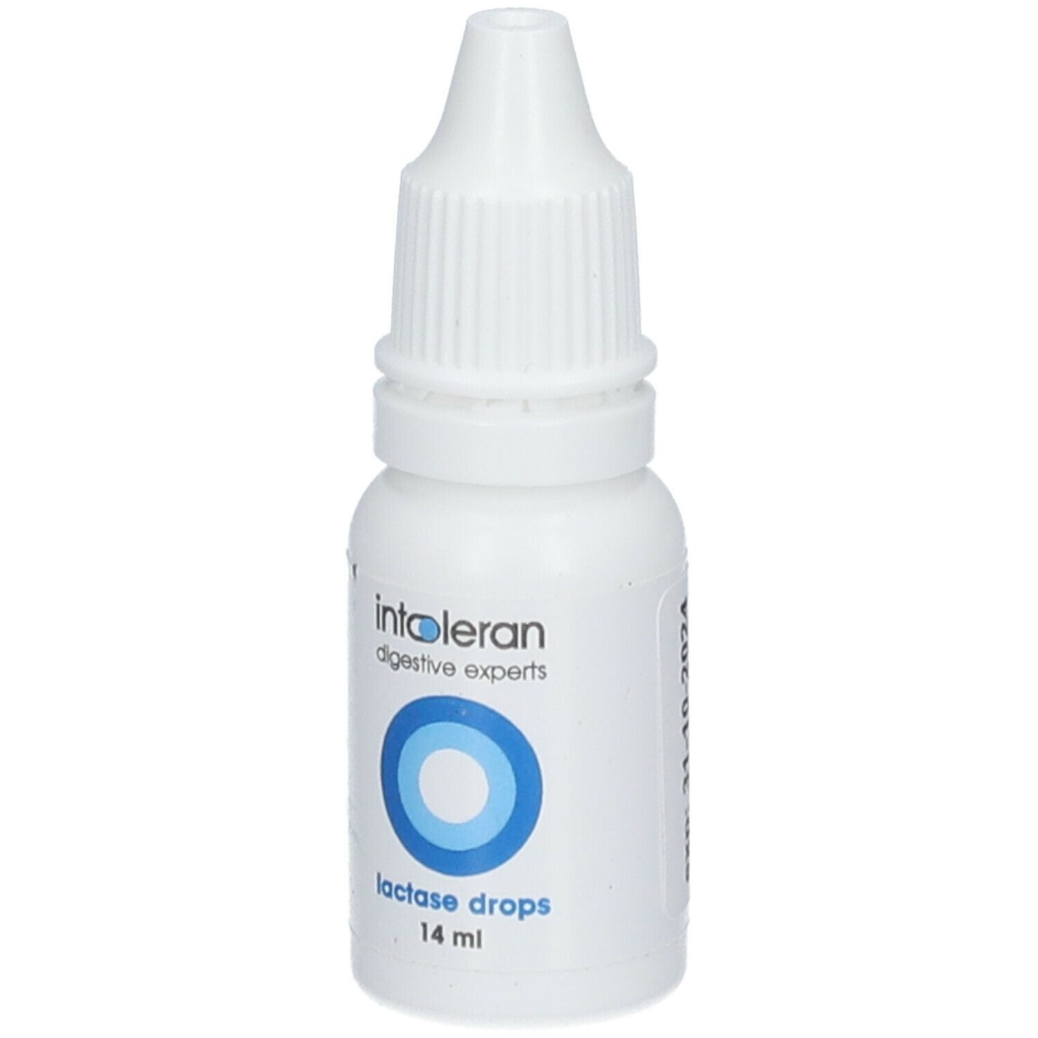 Flacon blanc avec compte-gouttes. Inscription : intoleran, digestive experts, Lactase drops, 14 ml. Design cercle bleu.
