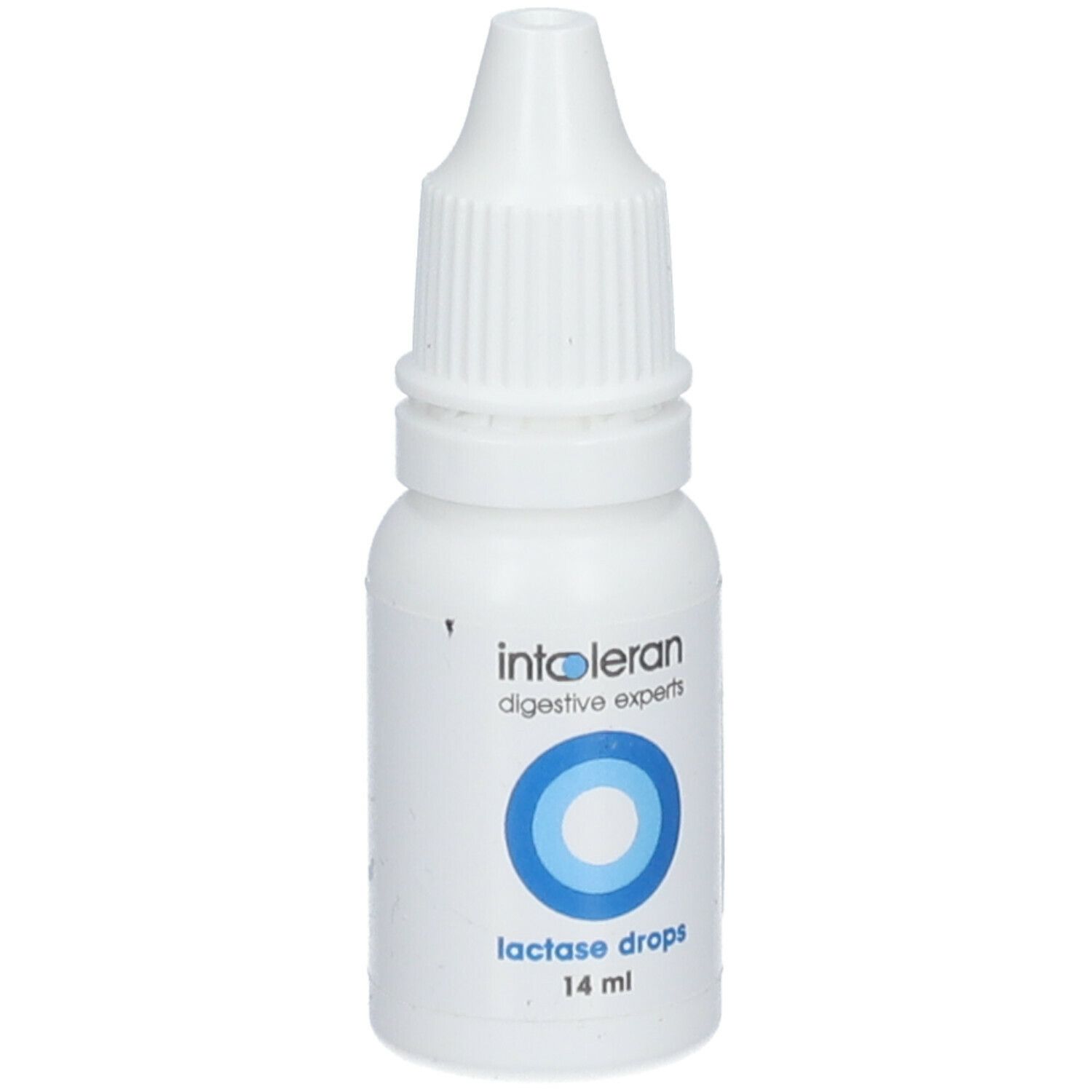 Flacon blanc avec compte-gouttes. Inscription : intoleran, digestive experts, Lactase drops, 14 ml. Design cercle bleu.