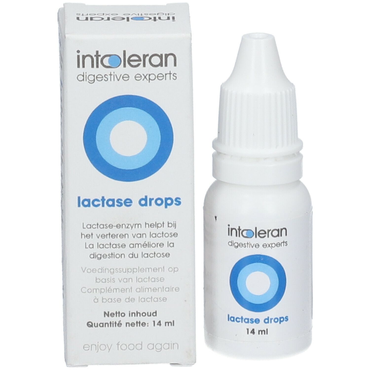 Emballage produit avec flacon. Inscription : intoleran, digestive experts, Lactase drops, 14 ml. Design cercle bleu.