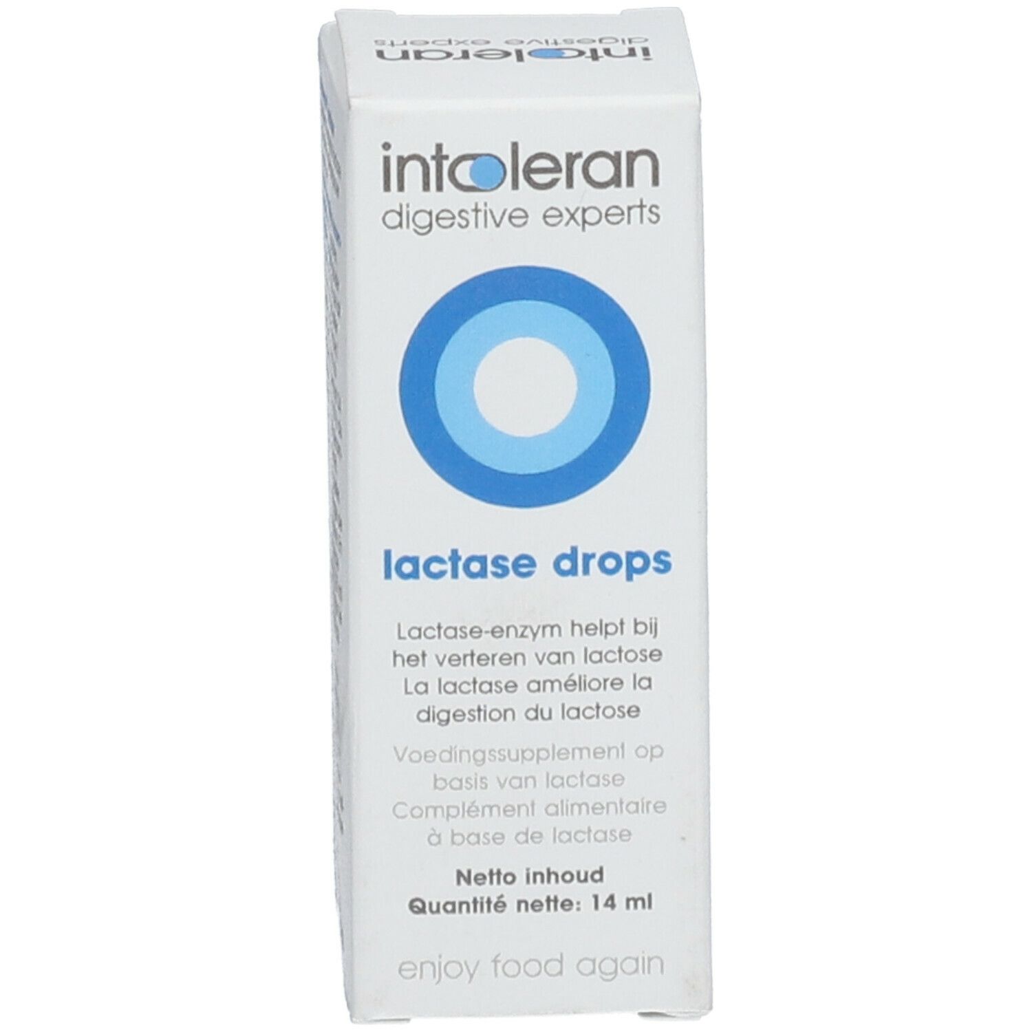 Emballage produit. Inscription : intoleran, digestive experts, Lactase drops, 14 ml. Design cercle bleu. Texte multilingue.