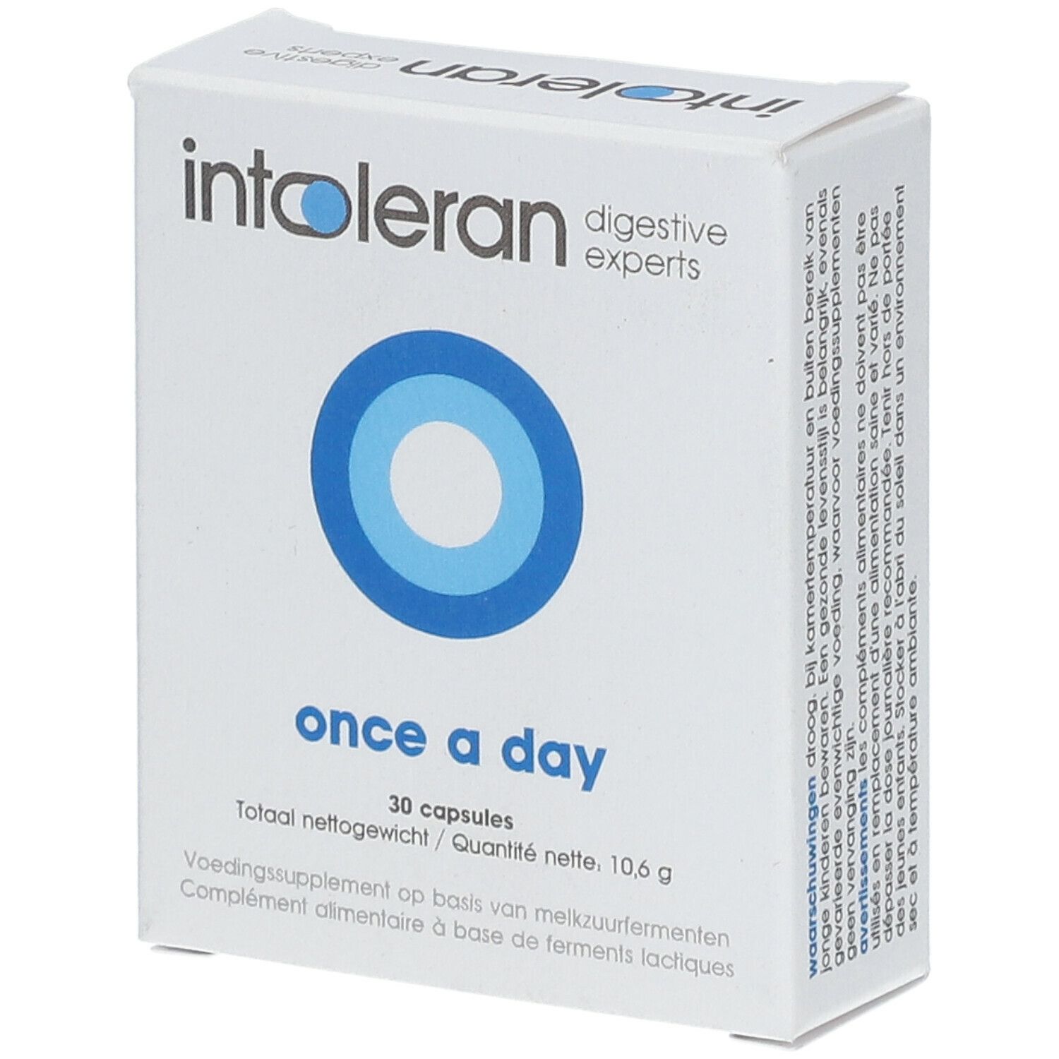 Weiße Schachtel mit "intoleran"-Logo und blauem Kreis. Text: "once a day", "30 capsules".