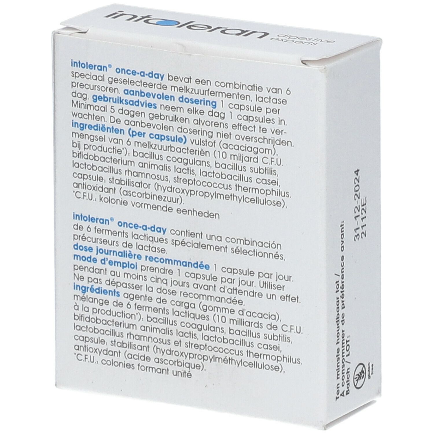 Rückseite der "intoleran"-Schachtel mit Text. Enthält Informationen zu Inhaltsstoffen und Anwendung.
