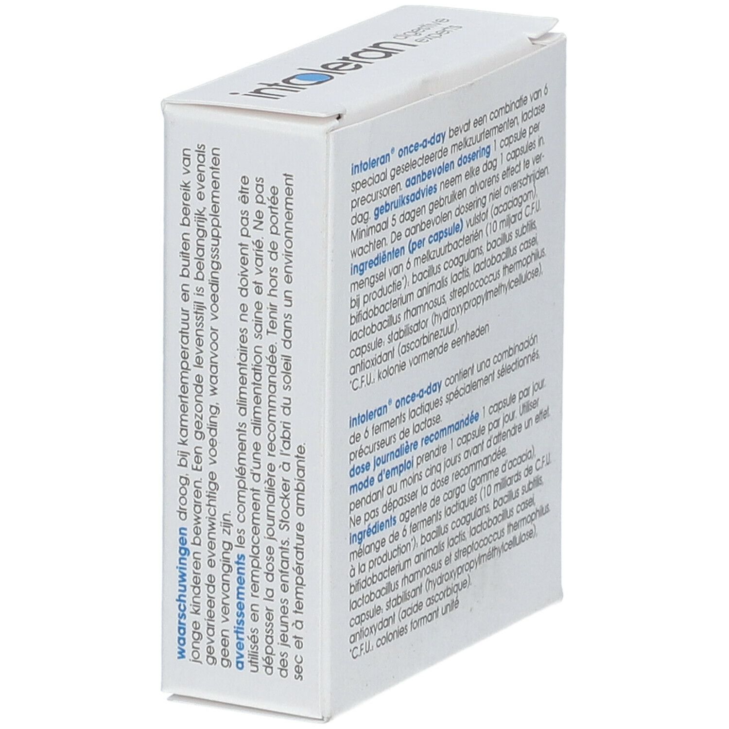Schachtel "intoleran" in Schrägansicht. Text auf der Rückseite sichtbar. Enthält Warnhinweise.
