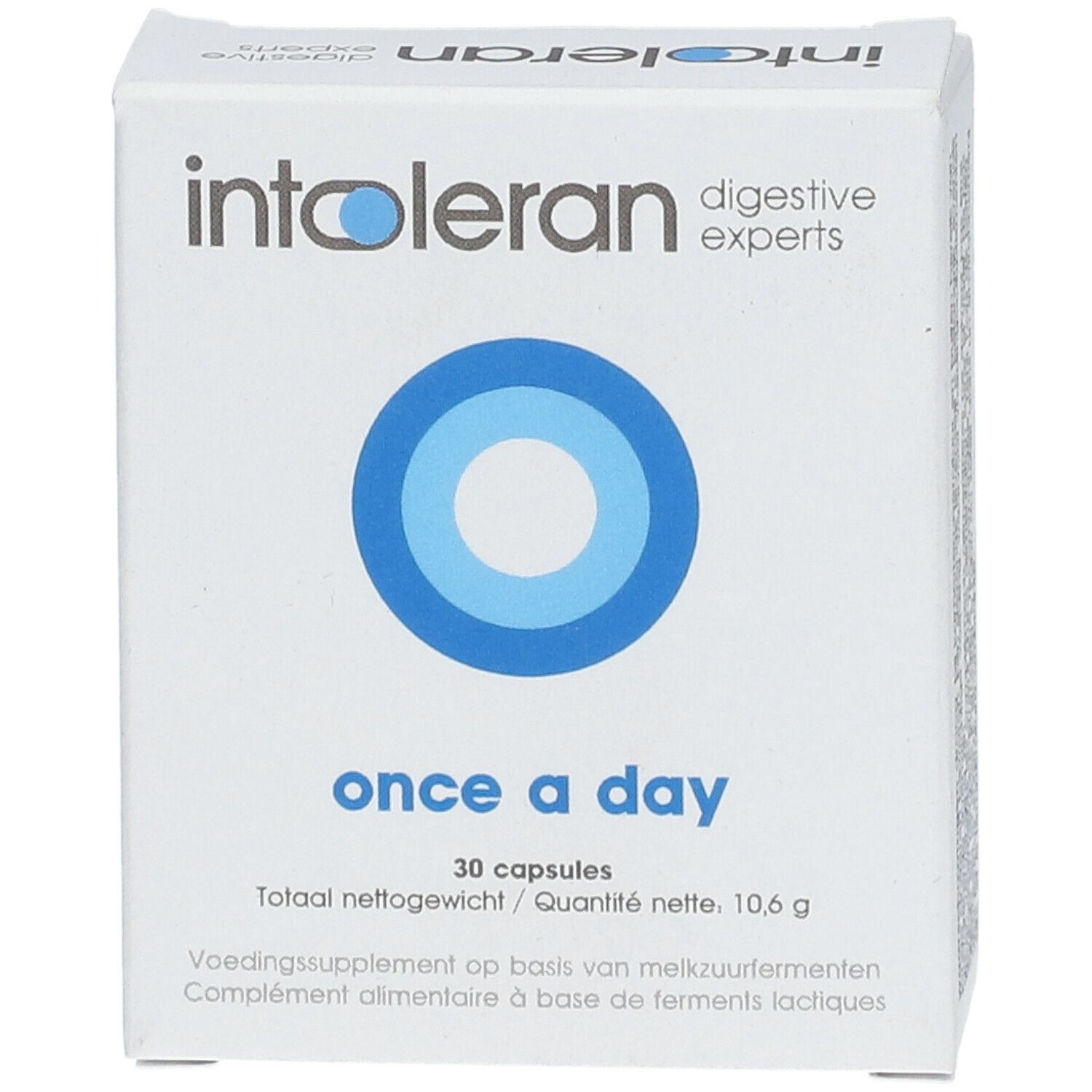 Weiße Schachtel "intoleran" mit blauem Kreis. Text: "once a day", "30 capsules".