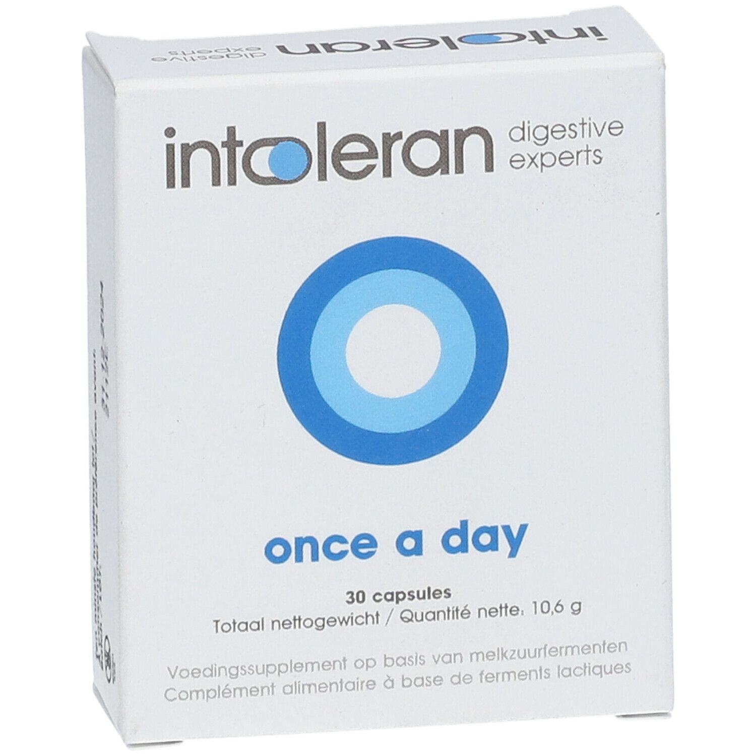 Weiße Schachtel "intoleran" mit blauem Kreis. Text: "once a day", "30 capsules".