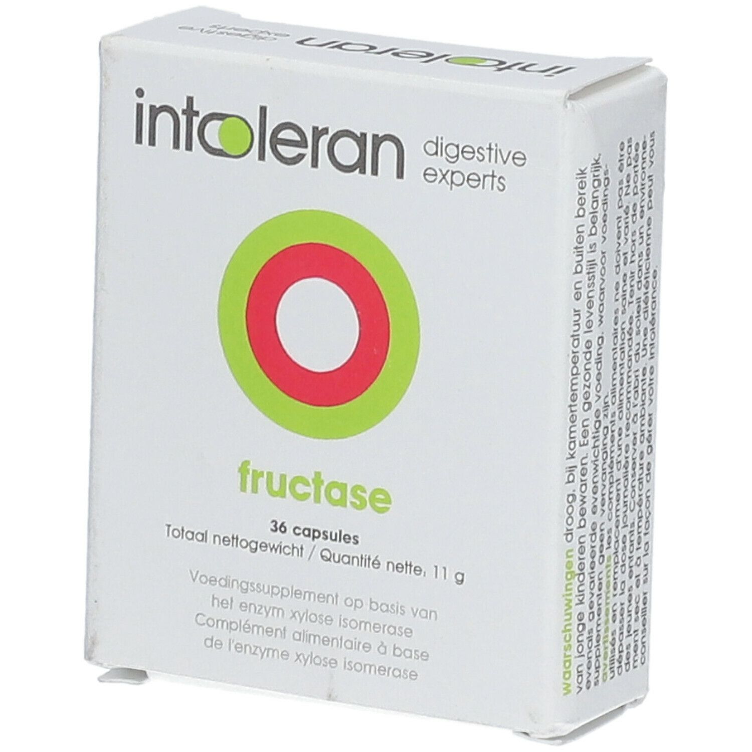 Kartonnen doos met productnaam en logo. Groen-rood cirkelmotief. Tekst: fructase, 36 capsules, 11g.