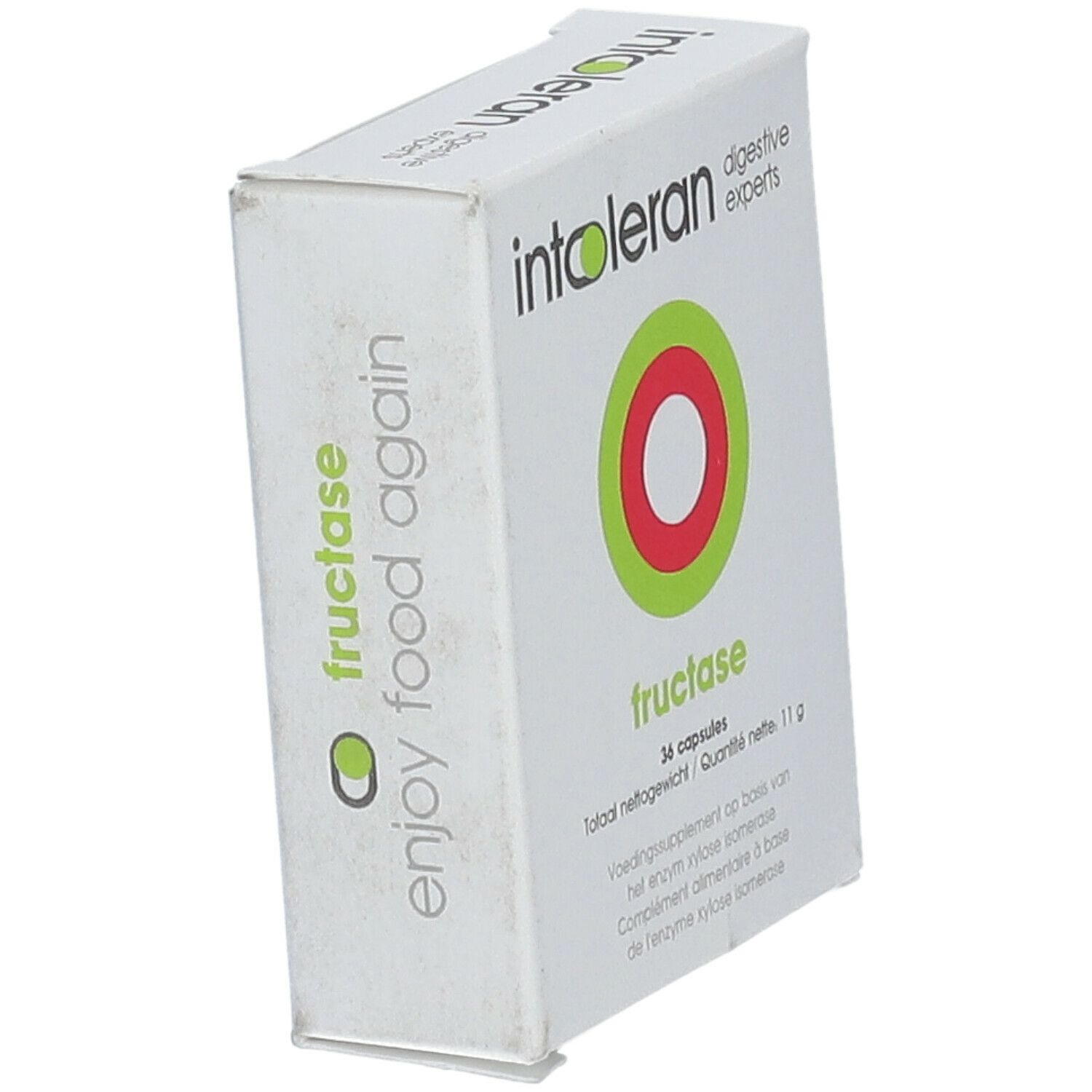 Schuinstaande kartonnen doos. Logo en productnaam zichtbaar. Tekst: fructase, 36 capsules. Opdruk: enjoy food again.