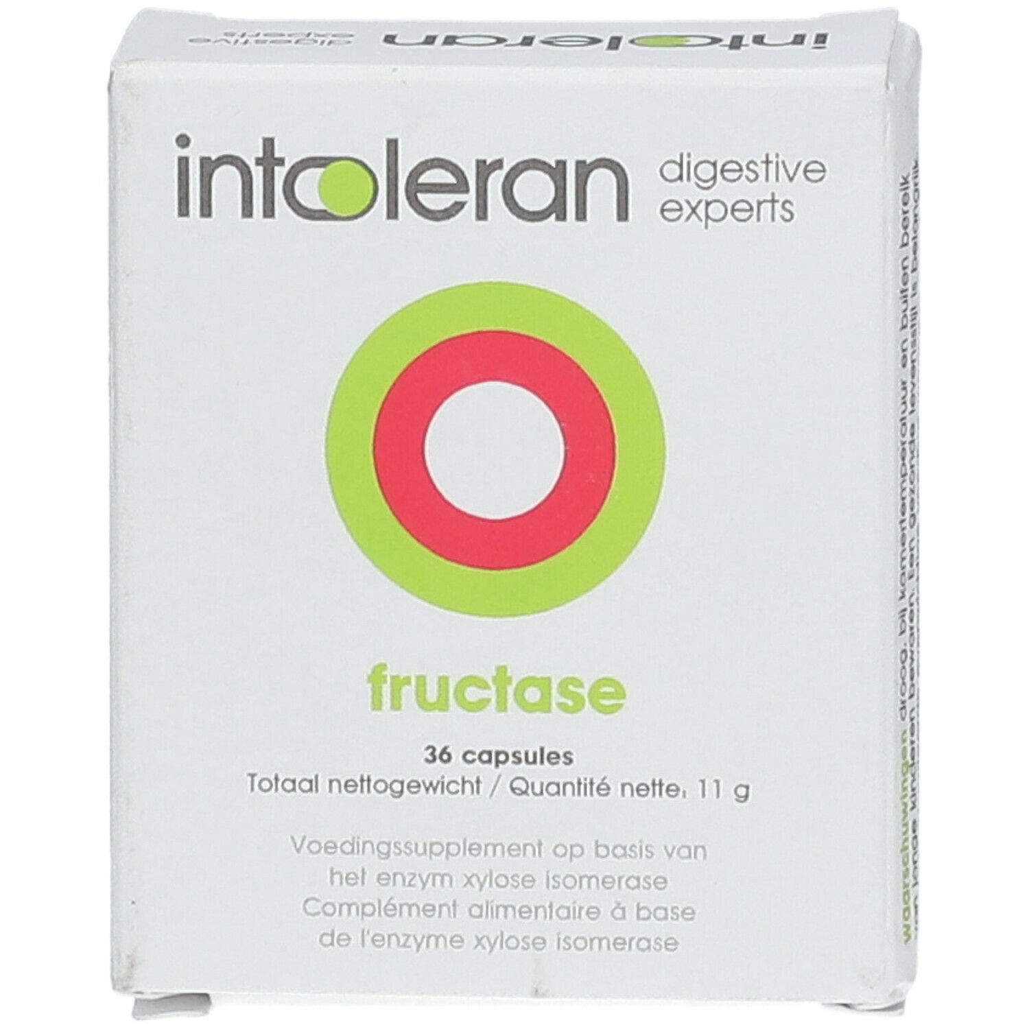 Kartonnen doos met productnaam en logo. Groen-rood cirkelmotief. Tekst: fructase, 36 capsules, 11g.