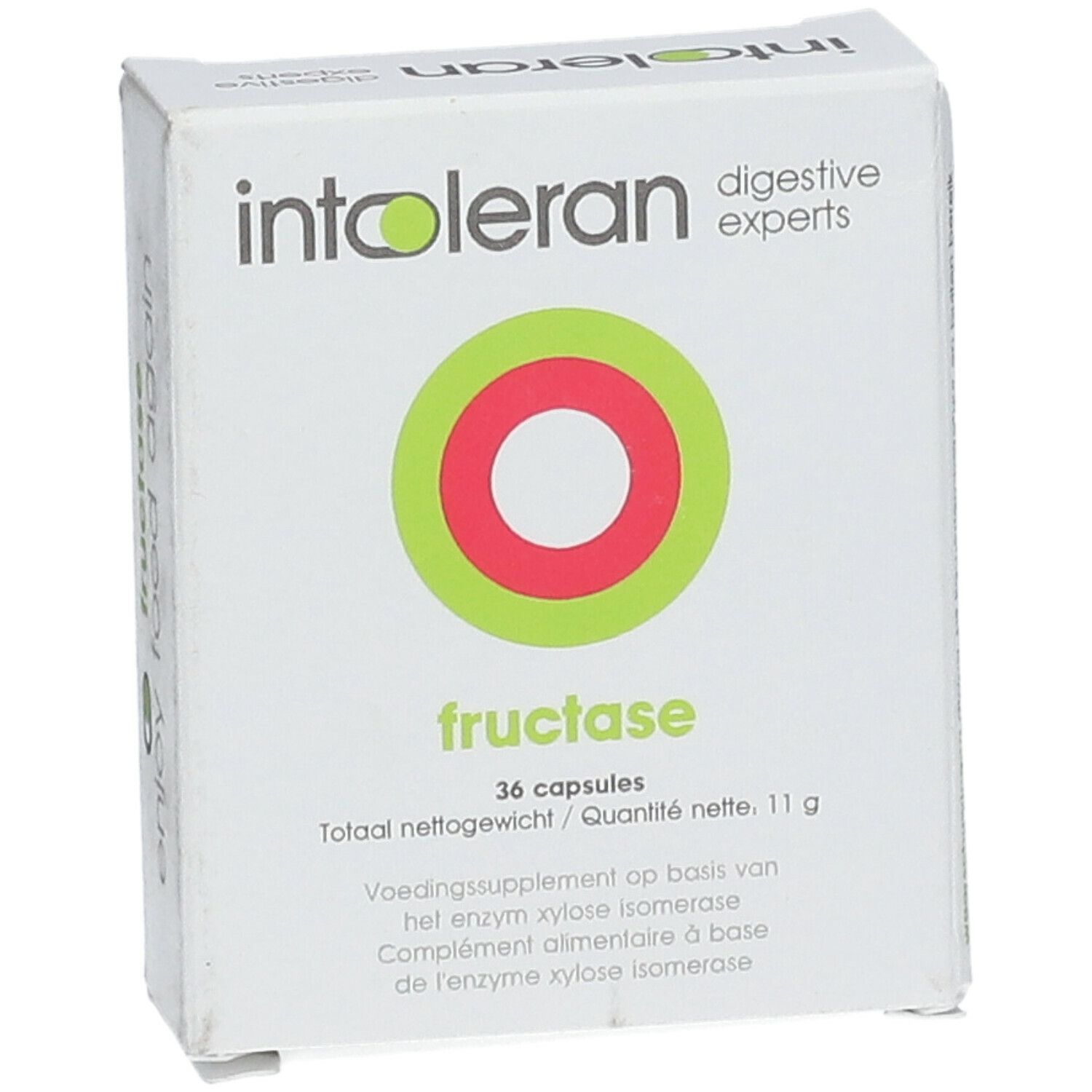 Kartonnen doos met productnaam en logo. Groen-rood cirkelmotief. Tekst: fructase, 36 capsules, 11g.