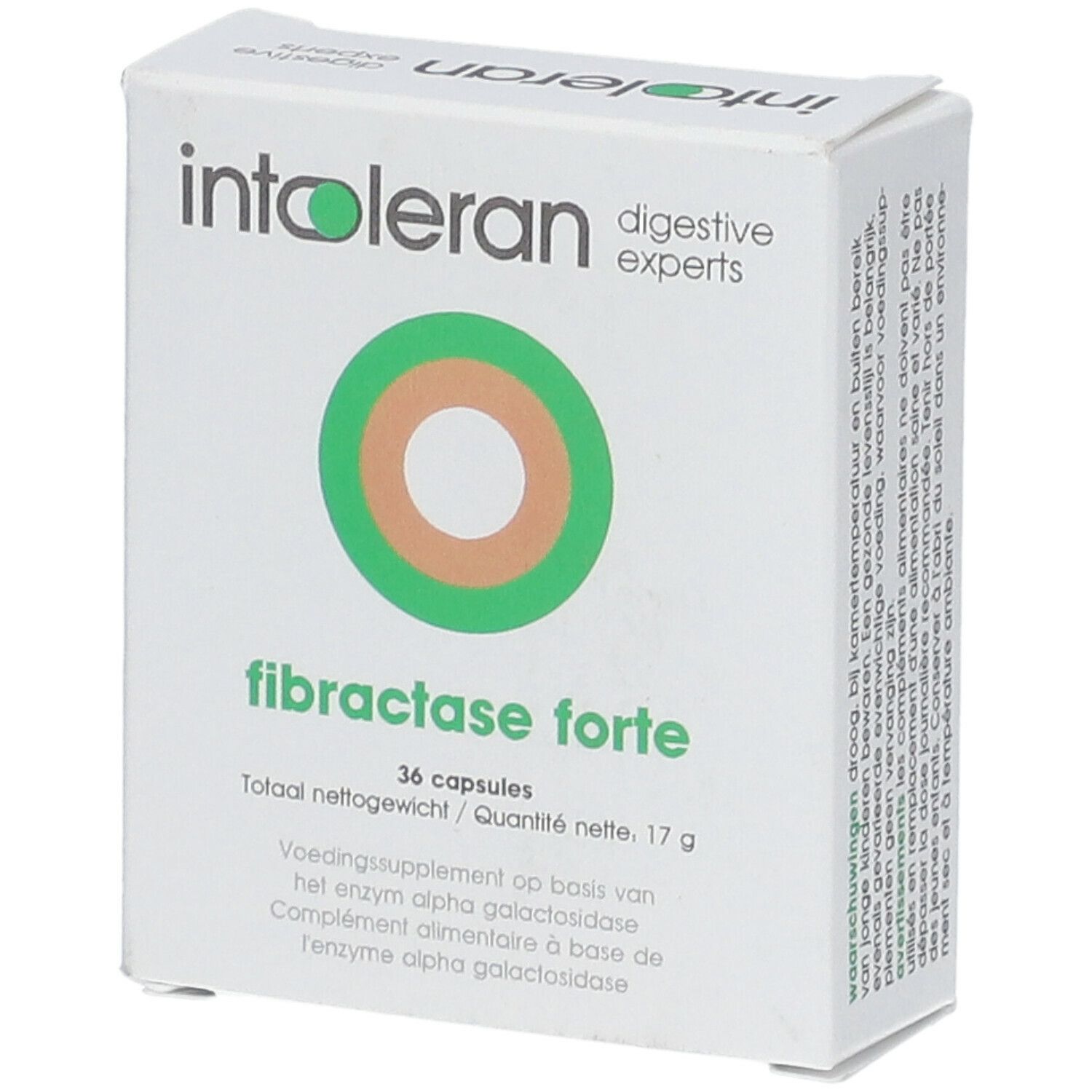Witte doos met groen en oranje logo. Opschrift: fibractase forte, 36 capsules.