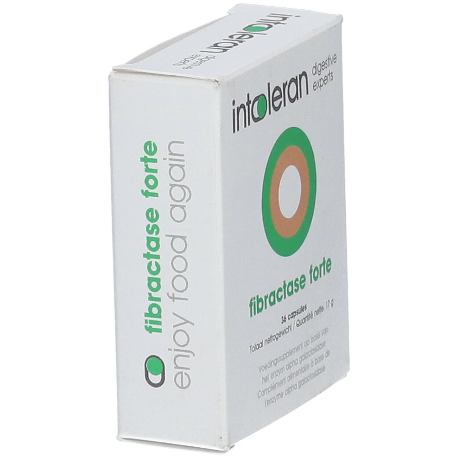 Witte doos, schuin. Opschrift: fibractase forte, enjoy food again. Logo: groen.