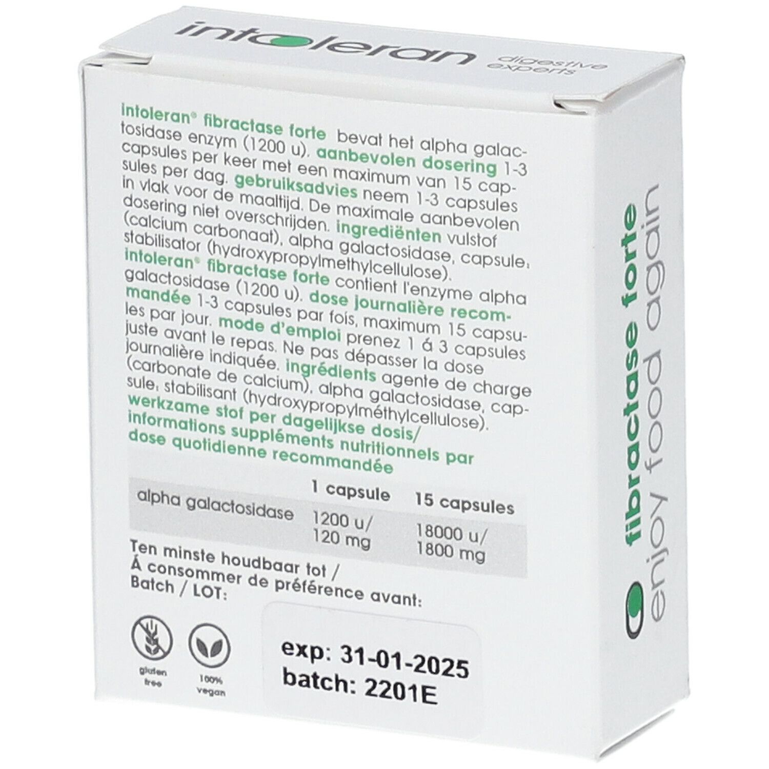 Achterkant van de witte doos. Tekst: ingrediënten, dosering, houdbaar tot 31-01-2025, batch 2201E.